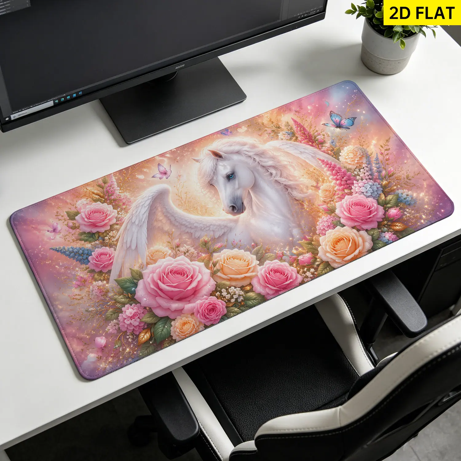 Extra Large fantasy white pegasus and flowers Mouse Pad,Non Slip Rubber Pad,Desktop Decoration Drotection Pad,Washable,Lock Edge Multi Size,Premium Multipurpose Mousepad For Home,Office,Gift for Family and Friends