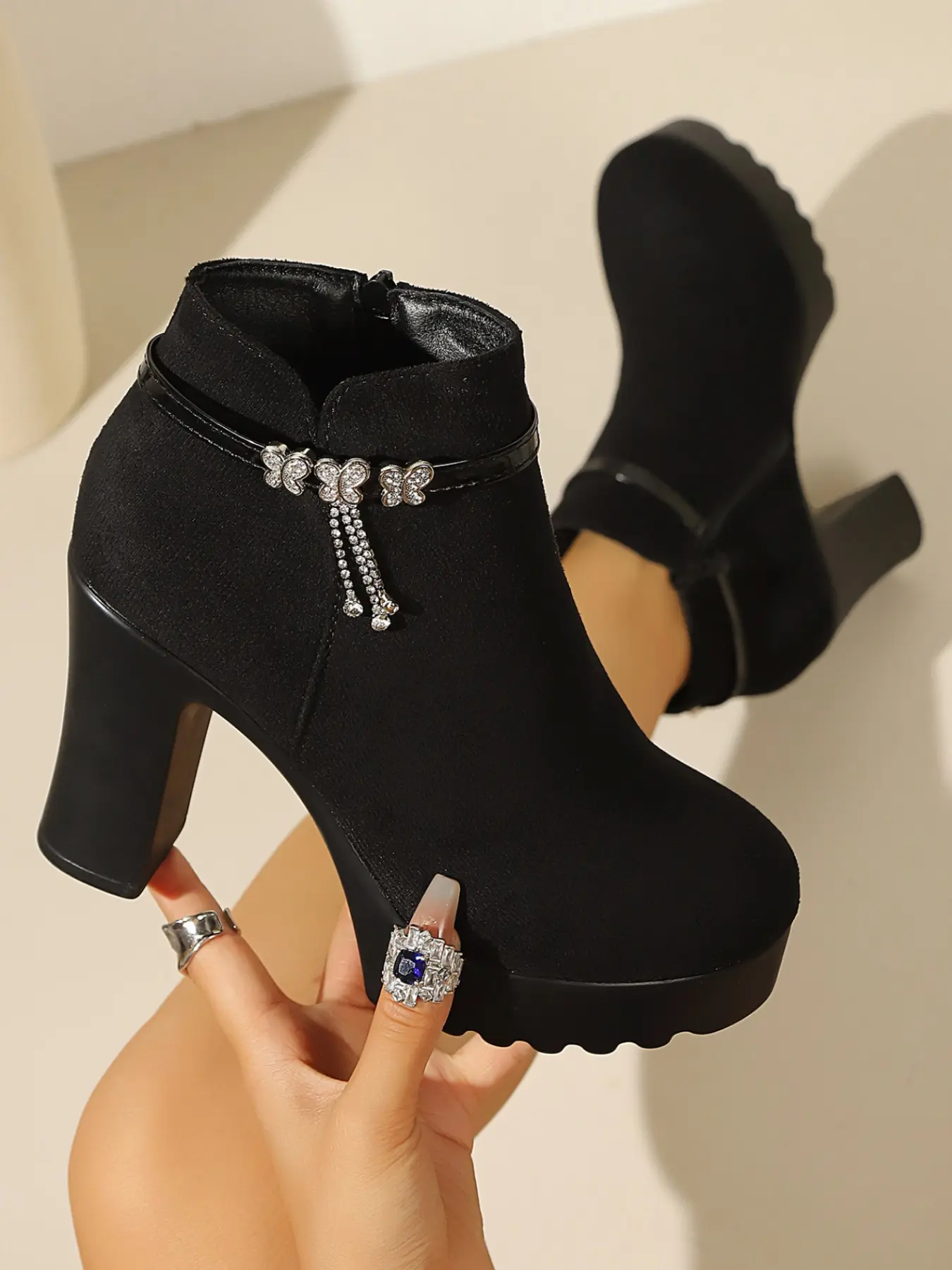Women's Chunky Heel Short Boots, Rhinestone Butterfly Fringe Trim, Side Zipper Waterproof Platform Party High Heeled Ankle Boots, Rhinestone Bling Boots