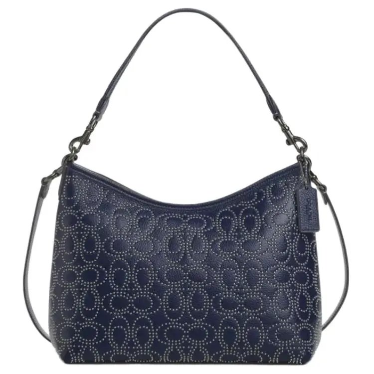 Coach Laurel 31 Detachable Strap Zip-Top Leather Handbag for Women, Large, Black with Antique Nickel and Navy Blue