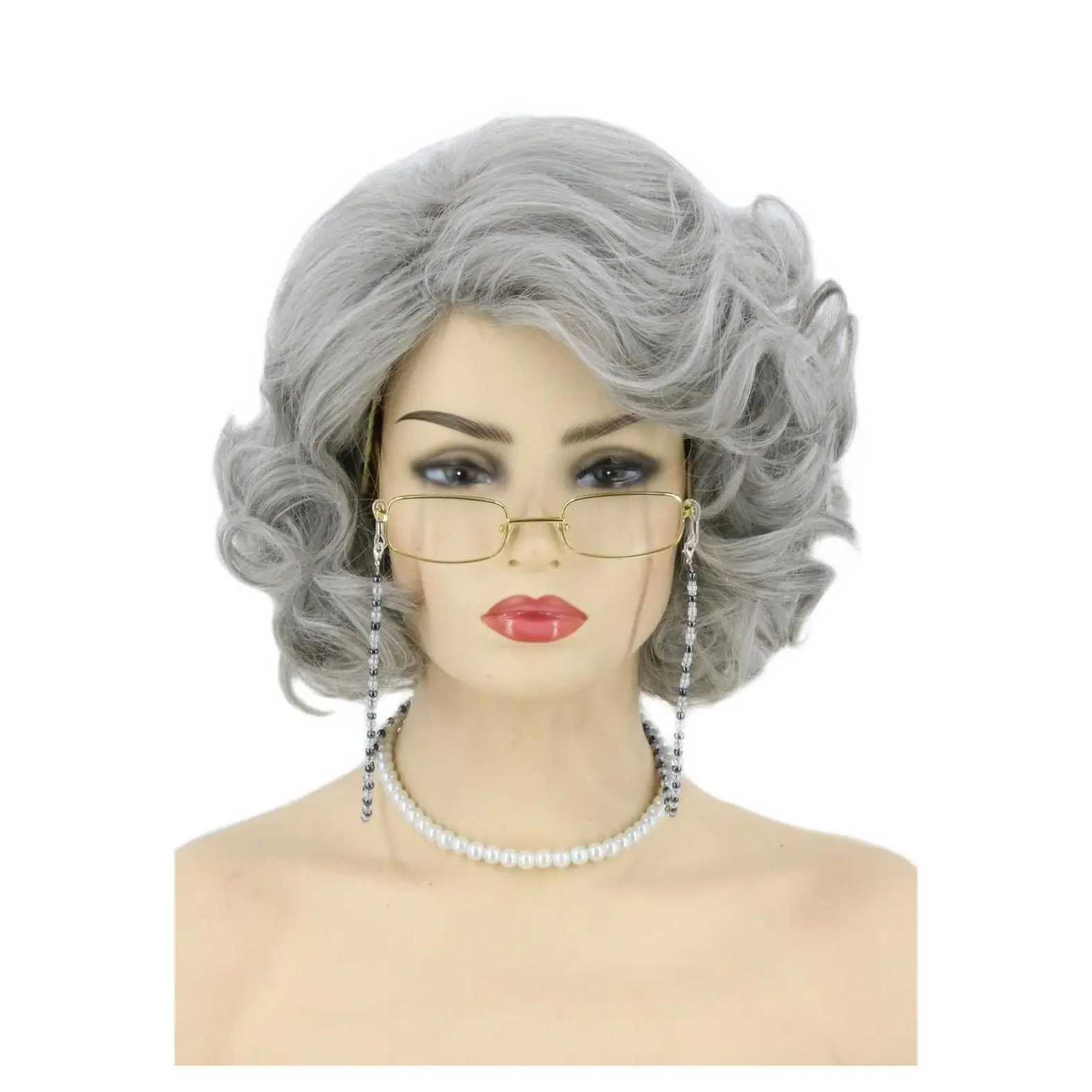 Old Lady Wig and Accessories 5pcs Set Granny Costume Wig Grandma Wig Halloween Party Wigs (Grey)Gift