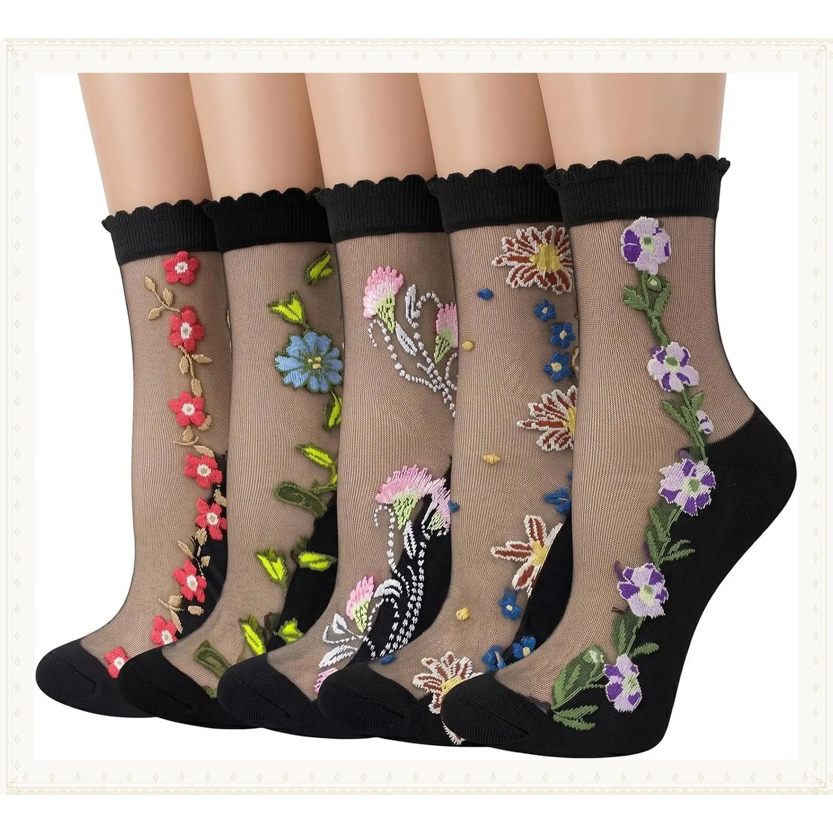 5 Pack Women's Sheer Ruffle Ankle Socks Low Cut No Show Breathable Transparent Nylon Mesh SocksGift