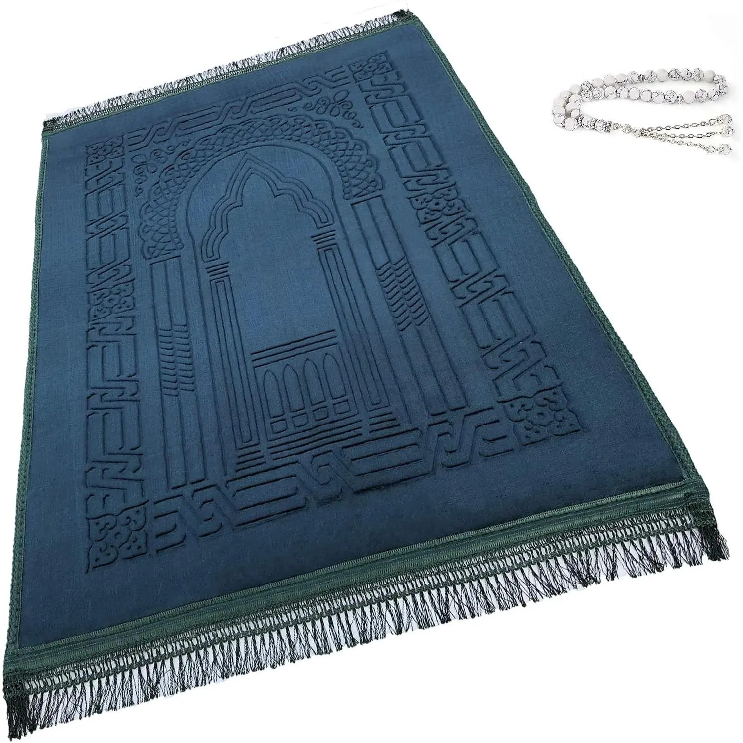 Thick Large Padded Islamic Prayer Mat with Prayer Beads for Kids Men Women, Soft Luxury Sajadah for Knees and Forehead, Travel Ramadan Eid GreenGift