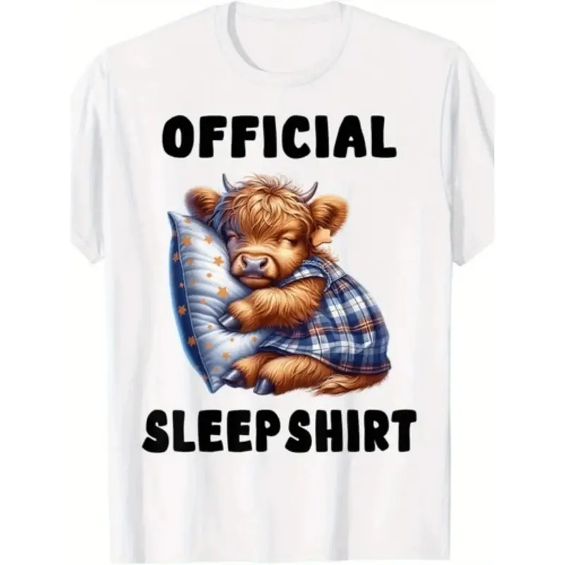 Men's Classic Minimalist Loose-Fit Cotton Sleepshirt - Retro Scottish Highland Cow Printed Tee, "Official Sleepshirt" Text, Soft, Breathable, Short-Sleeve, Round Neck, Gentle Wash, All-Season Casual Pajama Top (Sports & Outdoor Sports Top)