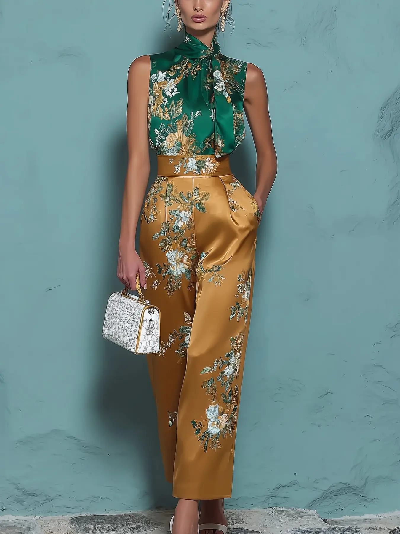 Elegant Floral Print Stand Collar Sleeveless Shirt with High Waist Pocket Straight Leg Pants Set, Women's Two-Piece, Fashionable Ladies Ensemble Clothes
