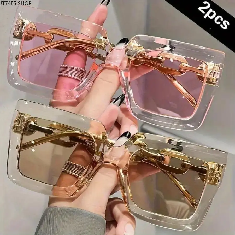 Women's & Men's 2-Pair Luxury Oversized Fashion Glasses - Rose Gold Metal Frame, Transparent Gradient Acrylic Lenses, Soft Nose Pads Reduces Pressure, Stylish Shades for Party, Daily Casual (Ideal for Friends), Outdoor Sports, Travel