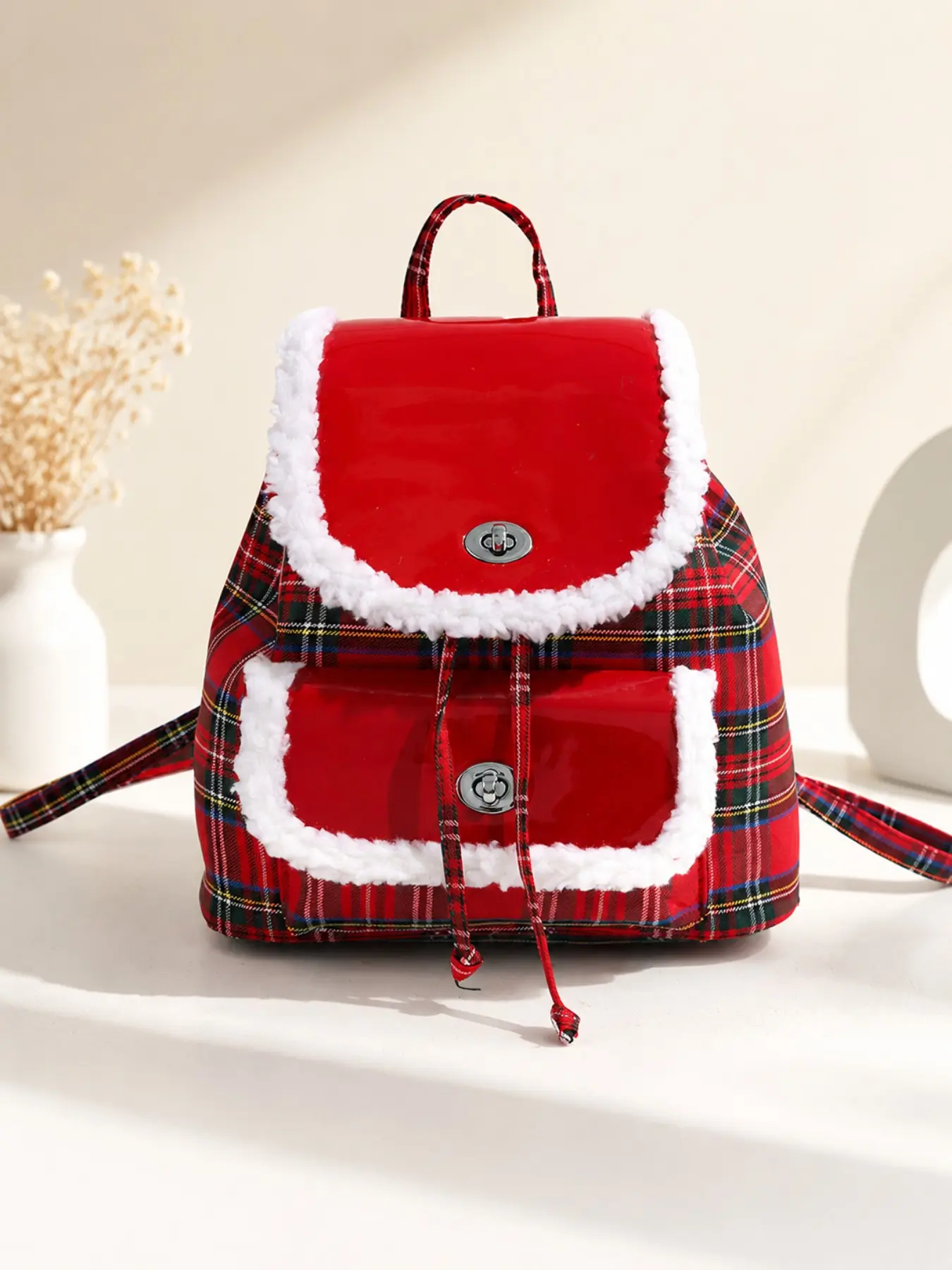 Red Plaid Pattern Backpack Women Vintage Preppy Aesthetic Mini Backpack with Faux Fur Trim Cute Casual Travel School Bag