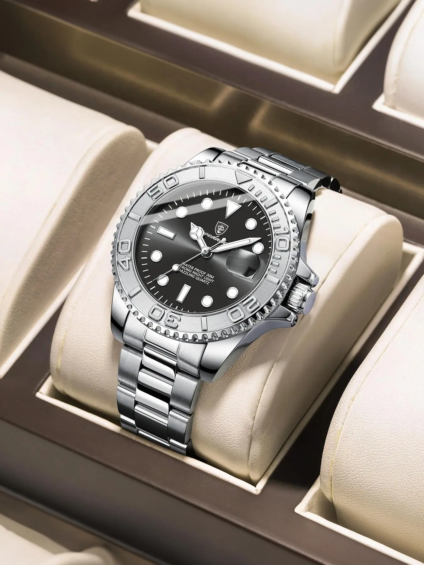 Men's Business Fashion Waterproof Round Dial Luminous Date Quartz Analog Wristwatch, Stainless Steel Watches, Fashion Watch for Party, Daily Clothing Decor, Trendy All-match & Exquisite Watch for Birthday Gift with Box