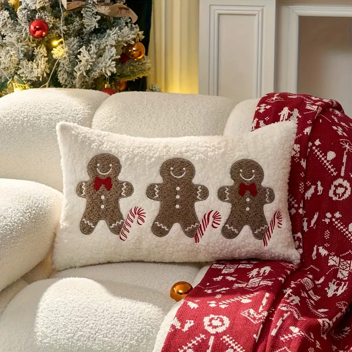 Vintage Gingerbread Man Snowflake Embroidered Plush Pillow Cover, Farmhouse Style, Christmas Decor, 30x50cm, Home Sofa Bedroom Accent