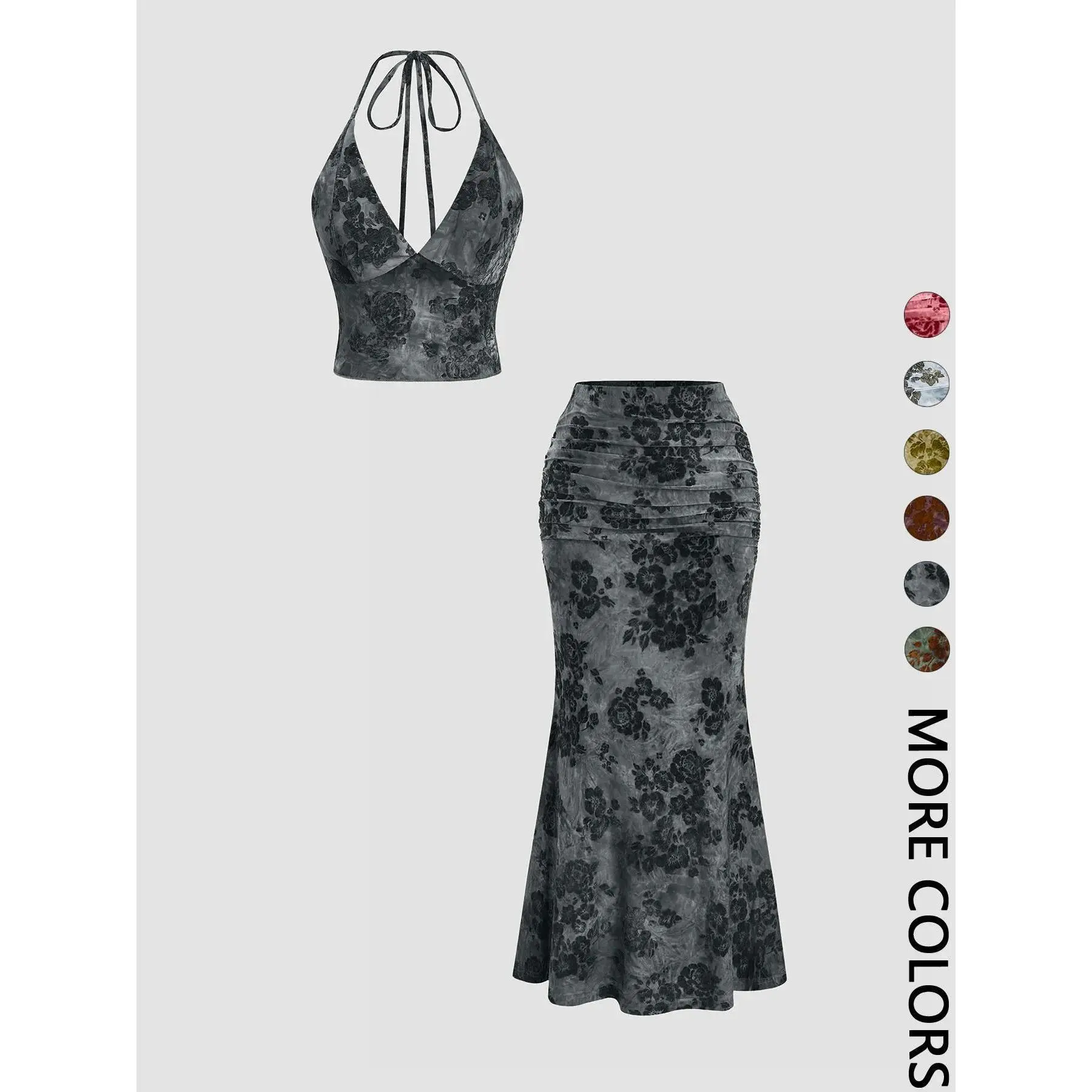 Women’s Floral 2 Piece Skirt Set, Deep V Neck Crop Top and Fishtail Maxi Skirt, Sexy All-Over Print Back-to-School Outfit