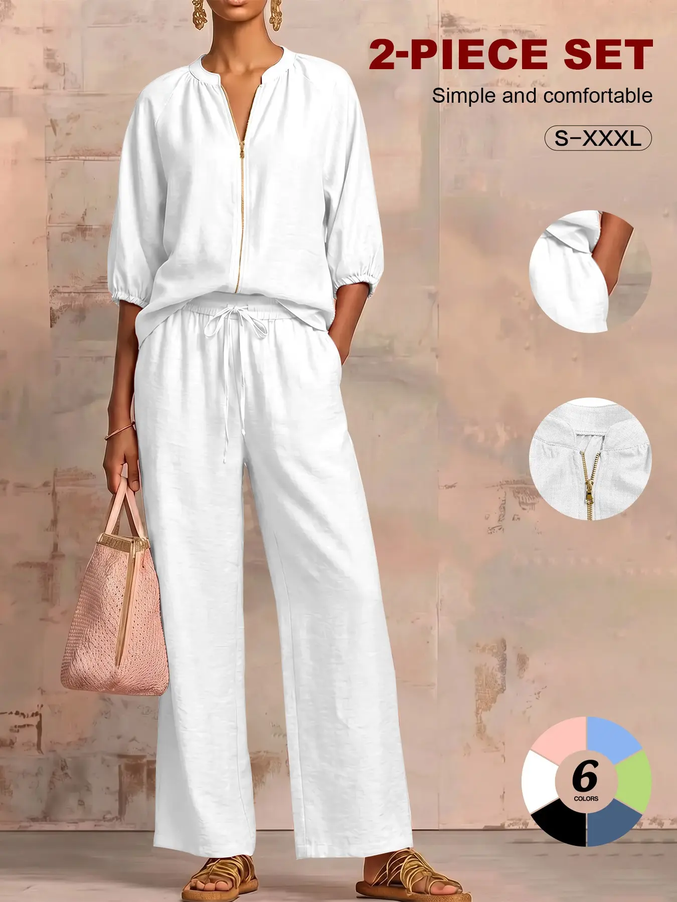 Women's 2‑Piece Lounge Set, Minimalist Zip‑Front 3/4 Sleeve Top, Loose Wide‑Leg Pants, Casual Matching Outfit Loungewear
