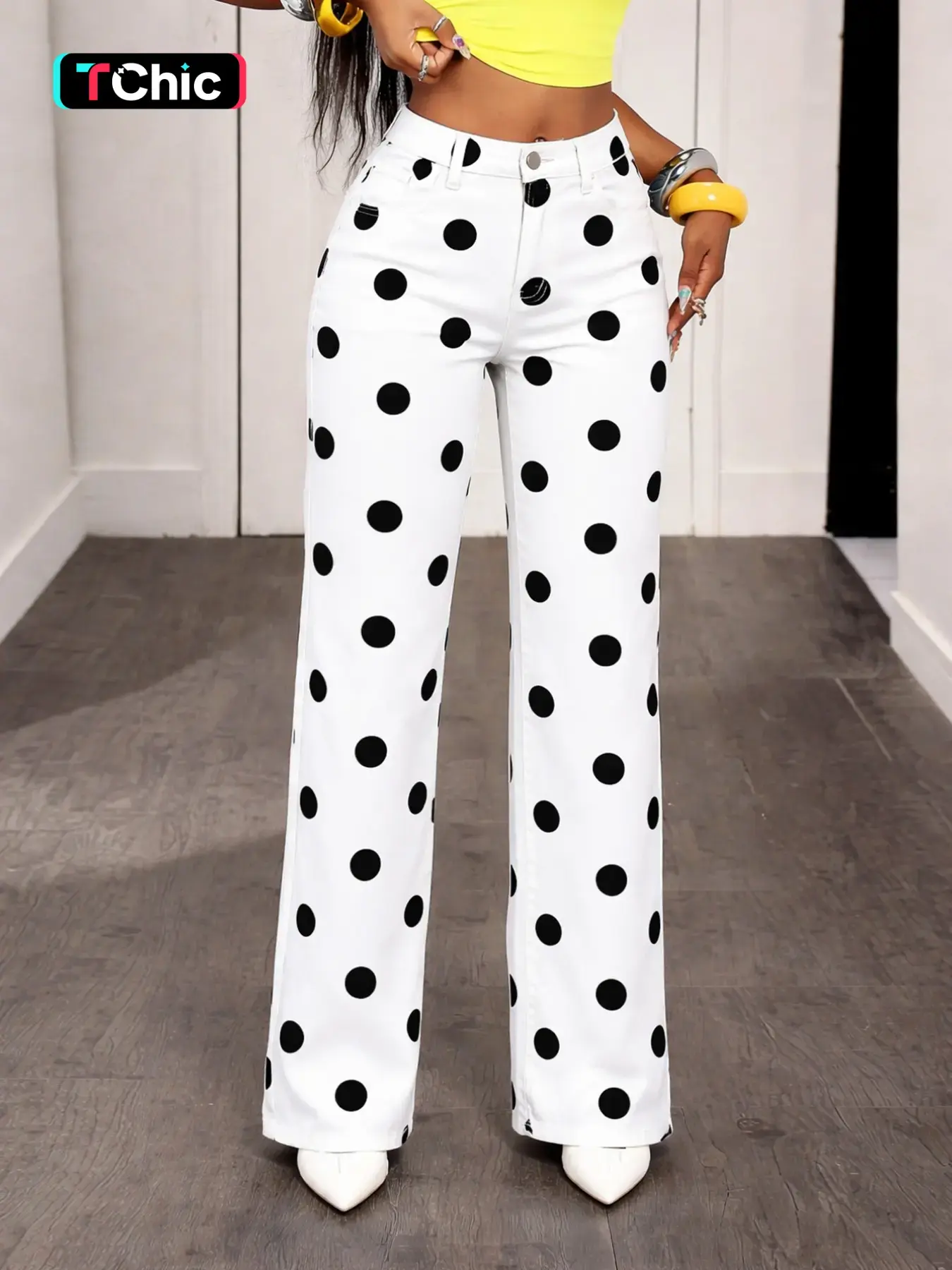 Fashion Women's Polka Dot Long Pants Trouser, High Waist Wide Leg Jeans, Casual Loose Fitted Elastic Fabric, Casual All Season Wear