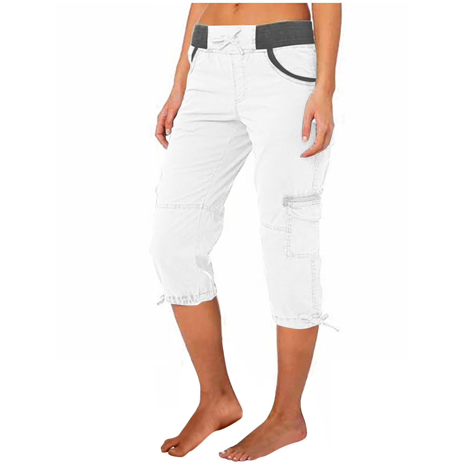 Women Cargo Capris Soild Casual Pants With Pocket Drawstring Outdoor Hiking Pants Women'S Slacks Thin Streetwear Tops Chic White Womenswear Bottom Comfort Basic