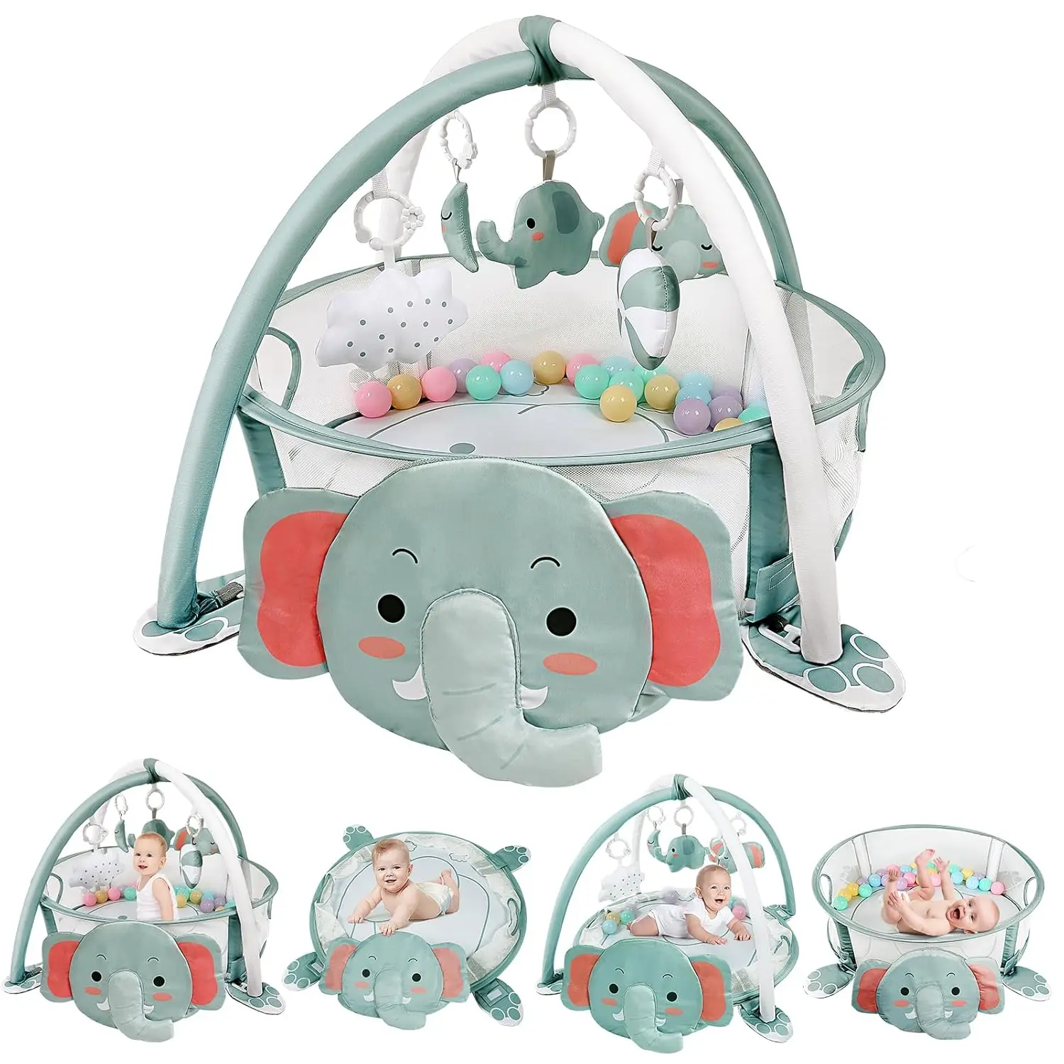 4-in-1 Animal Theme Baby Play Mat & Gym Ball Pit Set with 30 Balls, Elephant Face Design, Newborn Toddler Gift for Boys & Girls