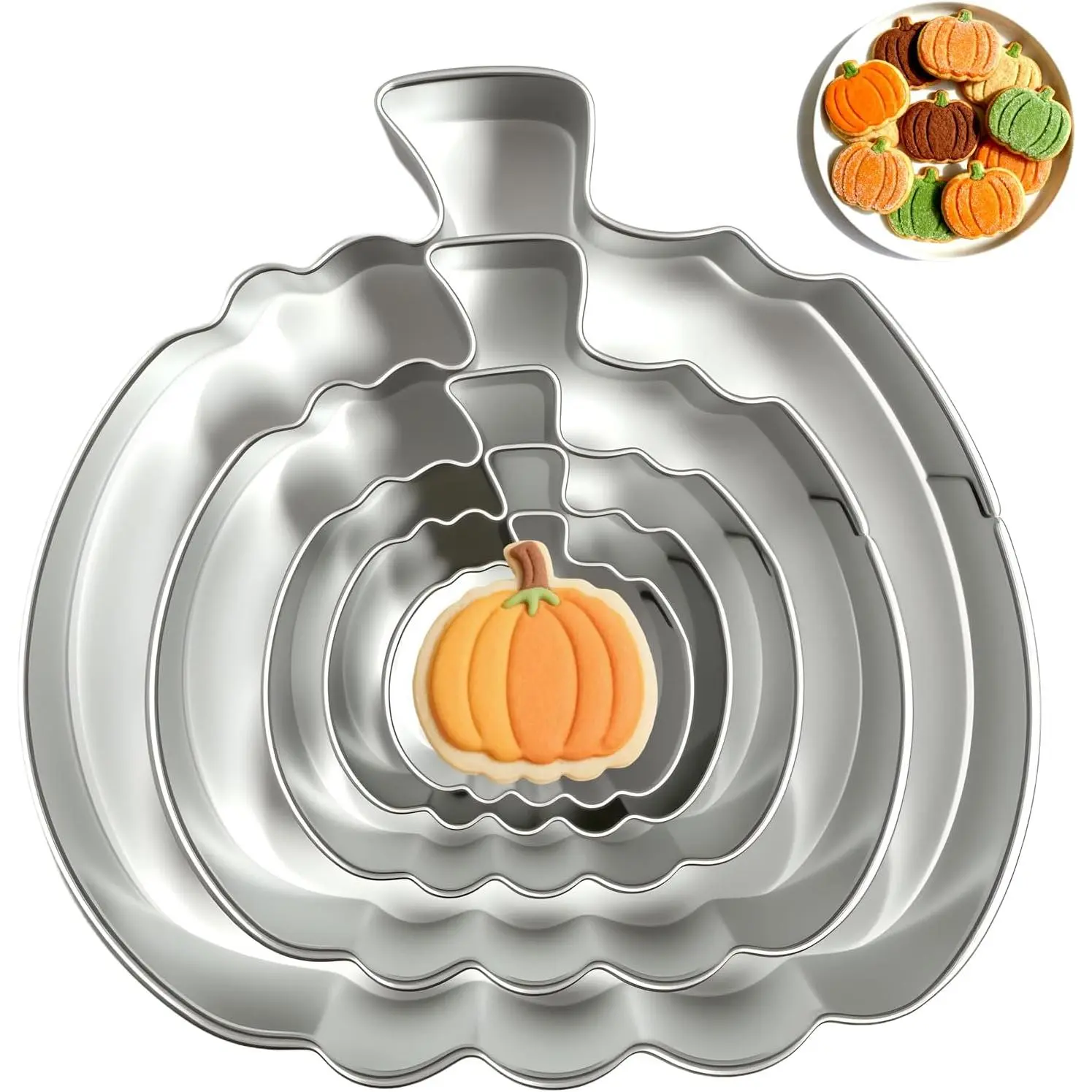 Pumpkin Cookie Cutters Set with Box, Set of 5 | Stainless Steel, 3.94'', 2.95'', 2.05'',1.57'', 1.18'', Metal Biscuit Mold for Halloween Fall Holiday Baking & Decoration