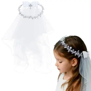 Girl First Communion Veil Flower Crown Veil with Bow Cross White Lace Floral Headband Rhinestone for Catholic Baptism(Elegant Flower Crystal)