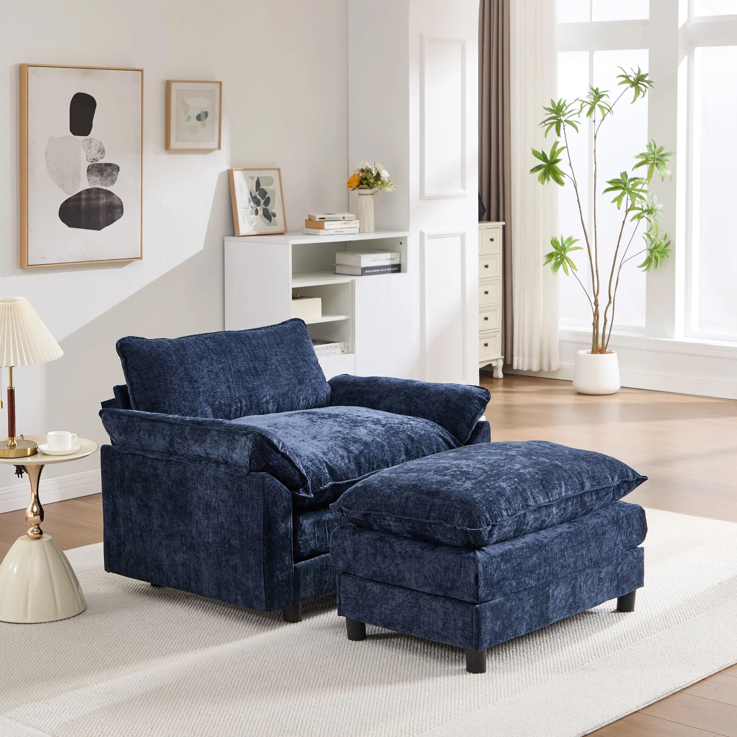 ARCH Modern Accent Chair with Ottoman Set - 44.5" Oversized Club Chair, Blue Chenille Upholstered, Soft Foam-Filled Wood Frame, 350 lbs Capacity, Accent Furniture, Indoor Modern Furniture for Living Room Bedroom