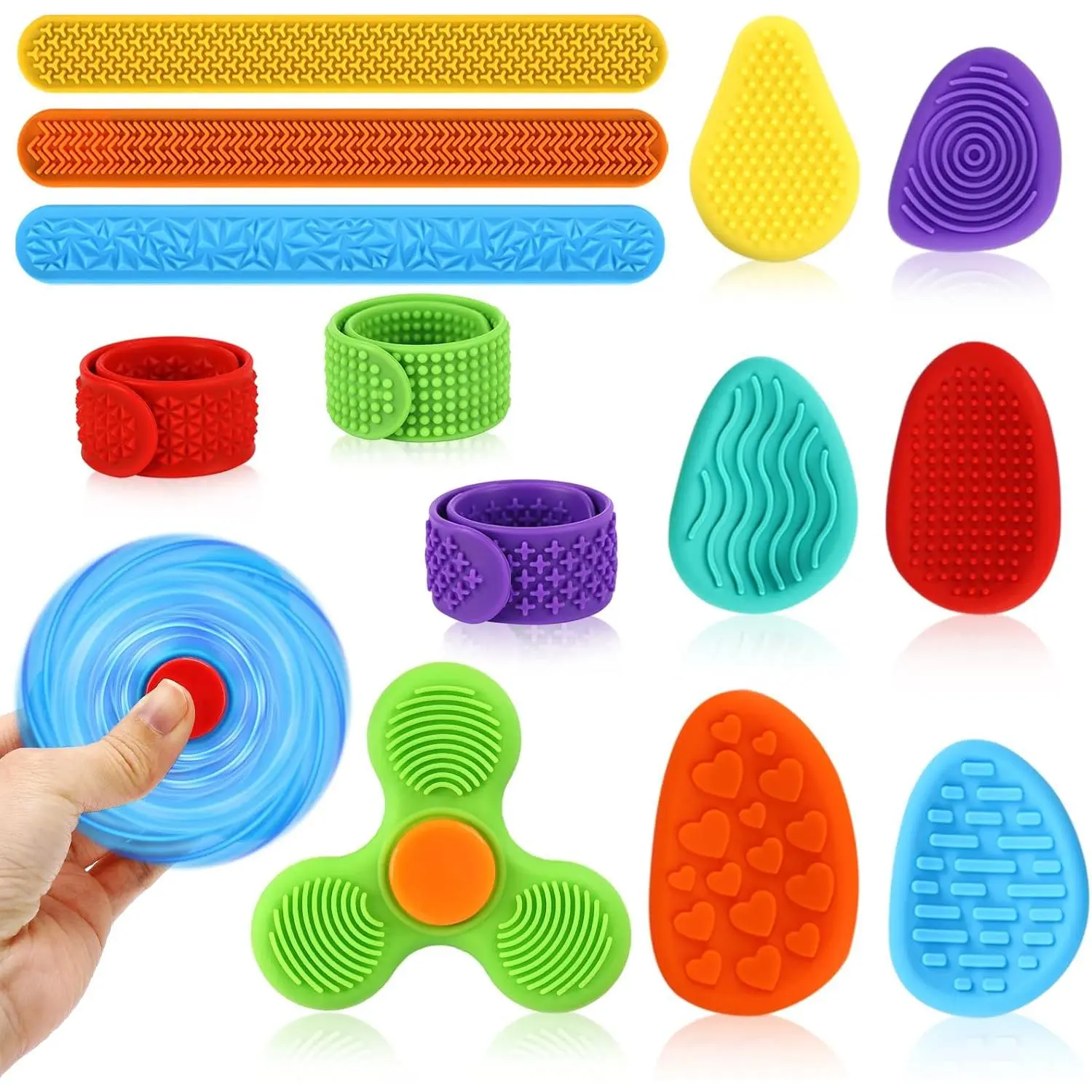 14Pcs Silicone SensoryToys,Quiet Fidget Toys for Kids and Adults,Worry Stones &Fidgets Spinner &Slap Bracelets for Anxiety,Easter Eggs Fillers,Prizes in Bulk for School and Classroom,Birthday Giftsfidget toys