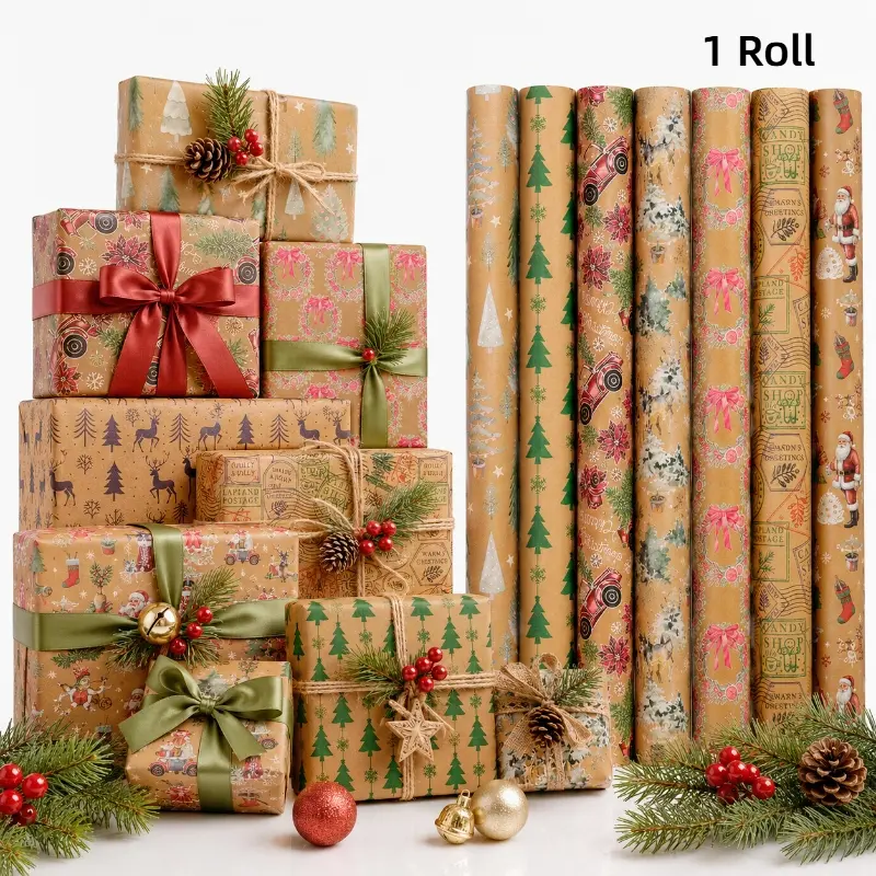 9.8FT Reversible Christmas Wrapping Paper Roll, Brown Paper, Suitable for Christmas Gift Wrapping, Winter Gifts, Handmade Gift Wrapping, Christmas Presents, Christmas Box Wrapping, Party Decorations and DIY Crafts, Gifts for Sons and Daughters