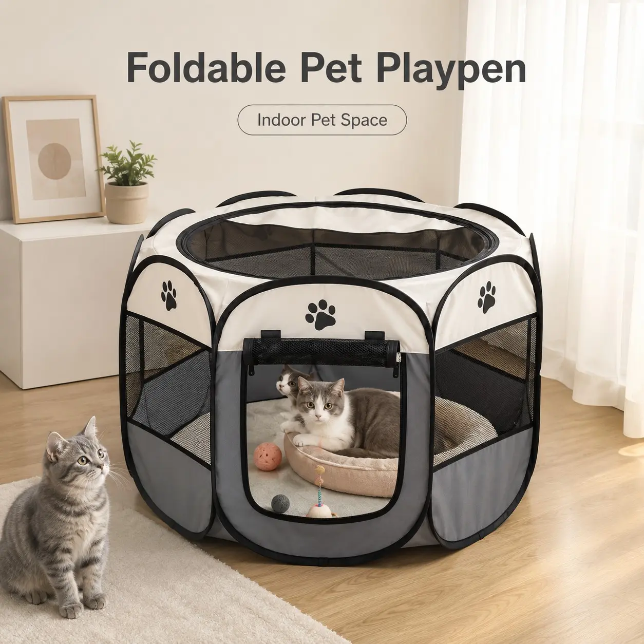 Foldable Pet Enclosure, Cat House Dog Kennel, Indoor Portable Cage, Portable Puppy Pen, Kittens, Breathing Mesh Oxford Fabric, Coffee Blue, Home Use