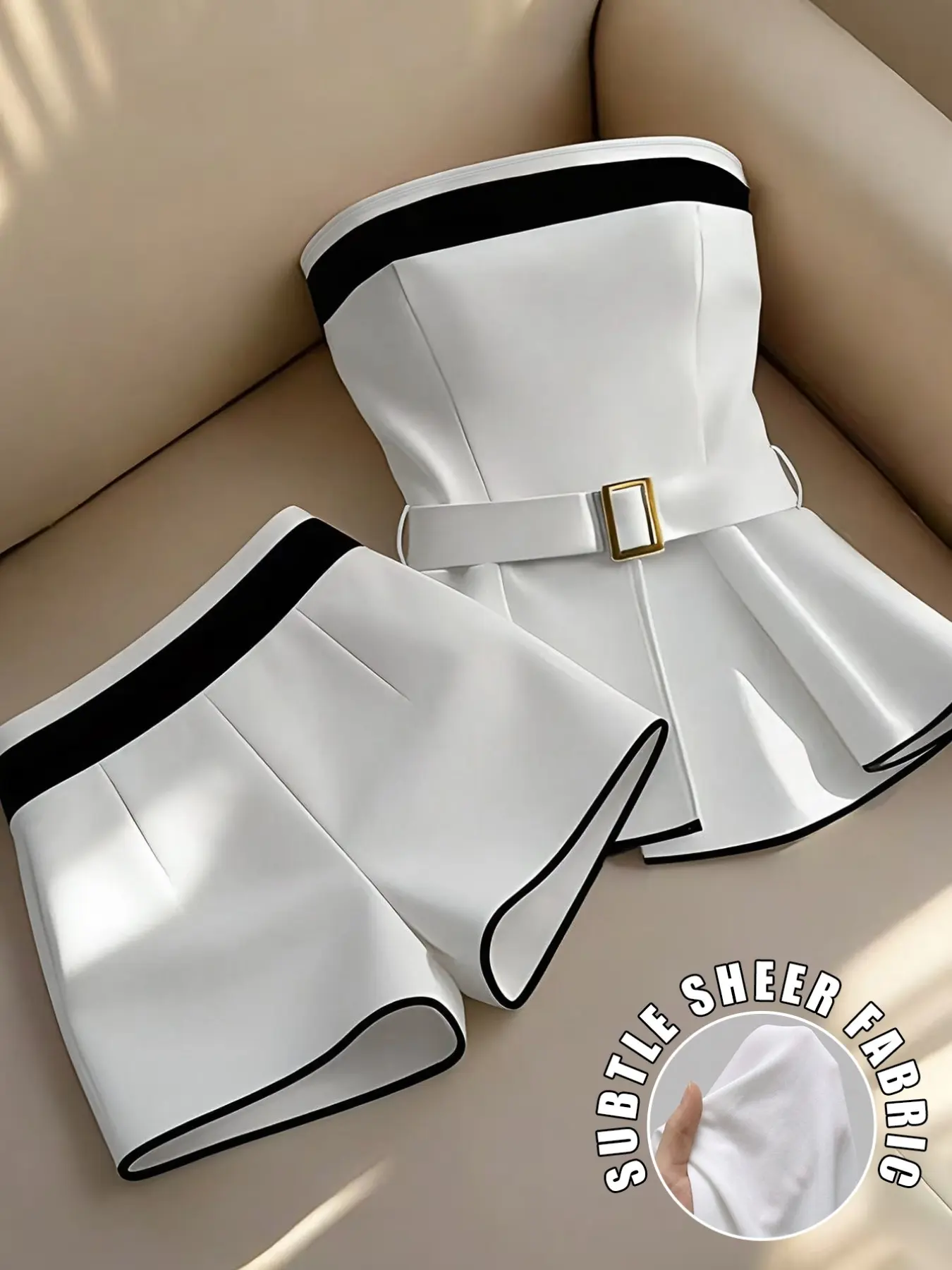 Women's Elegant Black and White Color-Block Slim Strapless Tube Top and Shorts Set, Suitable for Daily Office Commuting and Evening Dating Outfits, Womenswear