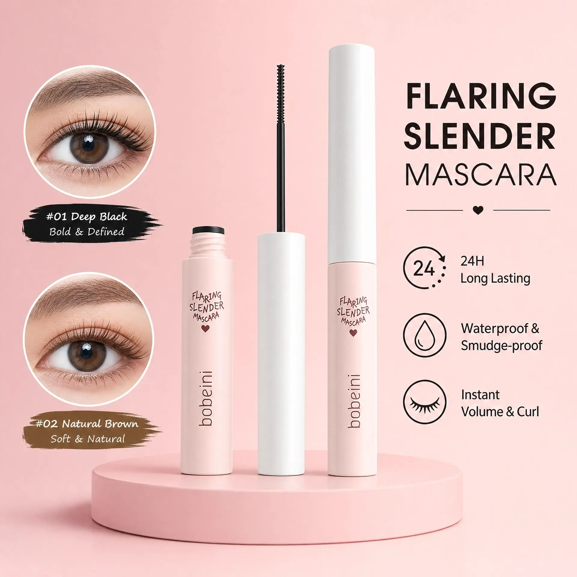 Waterproof sweat-proof slender lash mascara with feather-light texture, zero heavy buildup adds subtle volume and natural curl to match vacation leisure and long-hour outdoor daily makeup looks, Lightweight