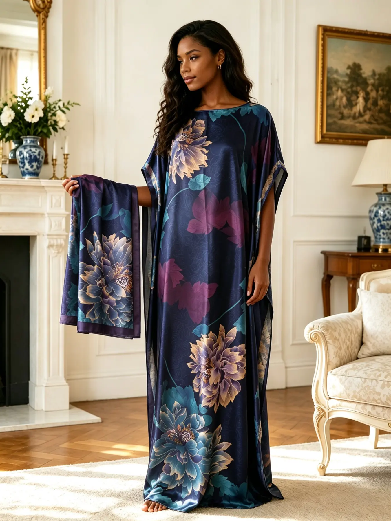 Plus Size Women's Two-Piece Satin Kaftan Set, Beach Kaftans, Kaftan Style, Navy Gradient Peony Print, Loose Fit, Home Beach Vacation Wear, Includes Matching Headscarf