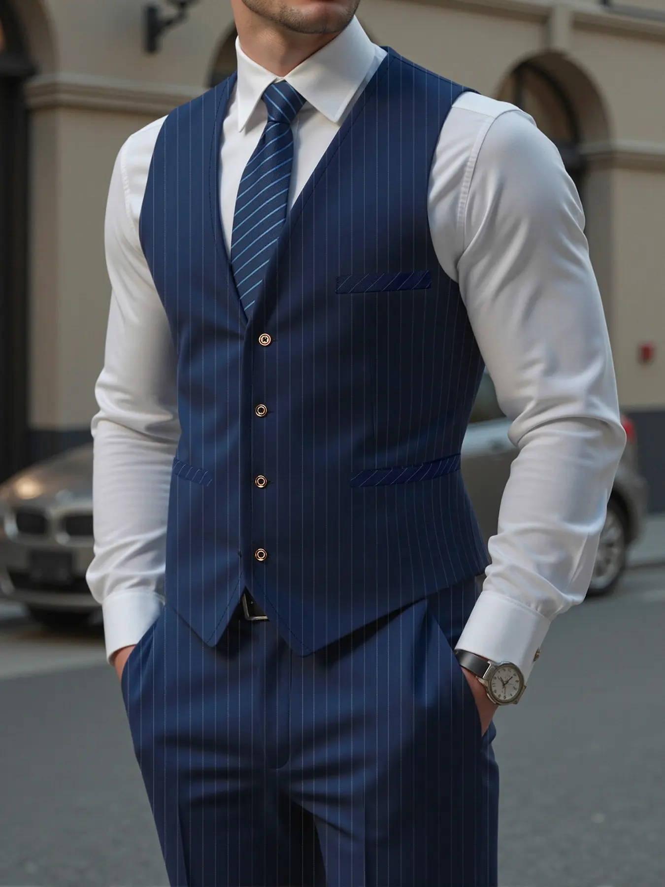 Men's Two-Piece Suit Vest and Pants Set, V-Neck Striped Formal Vest, Business Wedding Party, Slim-Fit Ankle-Length Pants, Formal Wear