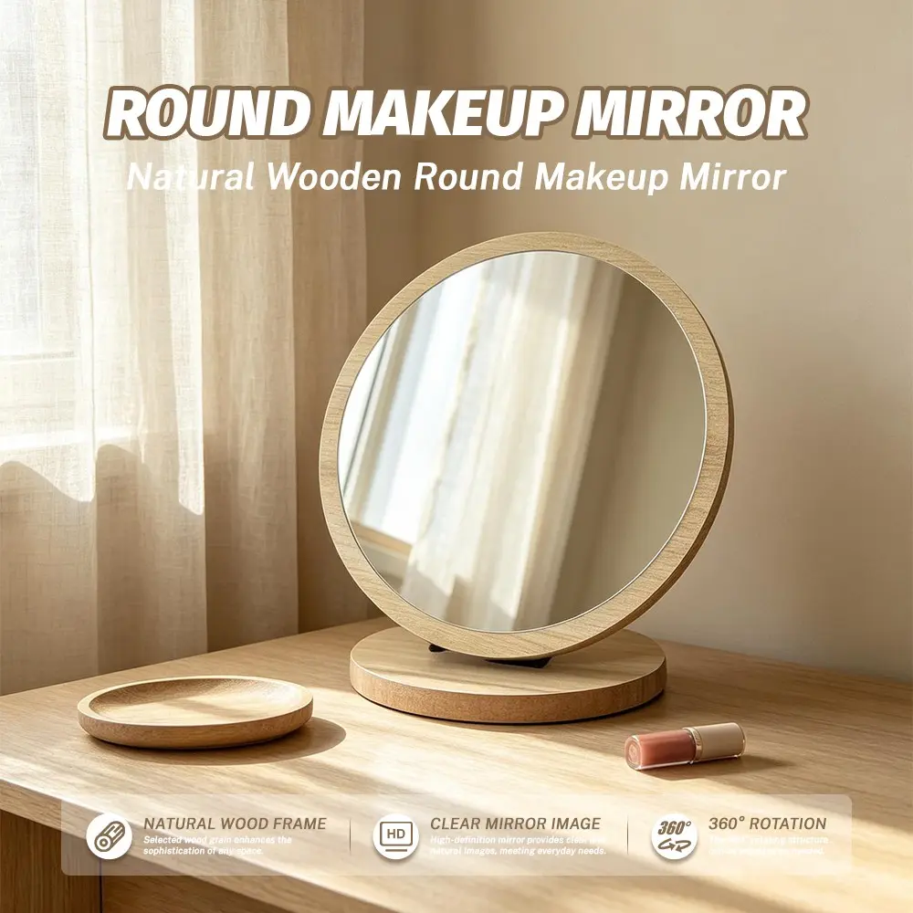 Natural Wooden Round Makeup Mirror, Japanese Style Minimalist, High-Definition Clear Image, 360° Rotatable, Stable Base, Included Wood Tray