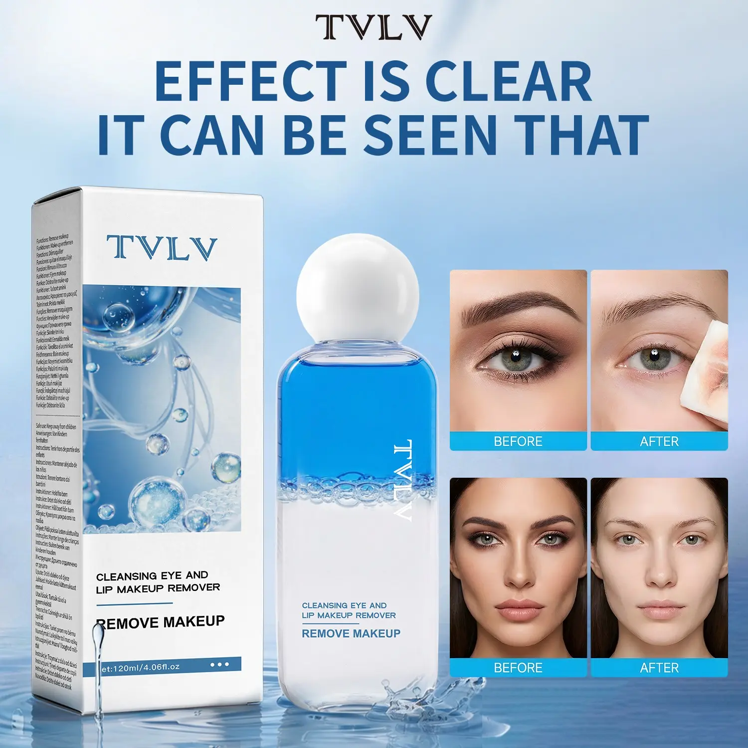 Eye Lip Cleansing Makeup Remover Liquid, 120ML, Dissolves Makeup, Dirt, Waterproof Mascara, Suitable for Daily Use, Shaking Required