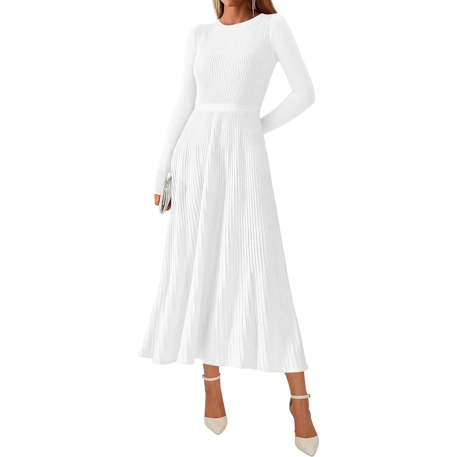 Women Sweater Dress Holiday Ribbed Knit Long Sleeve Slimming Maxi Dress Fall Pleated Elegant A Line Winter Dresses