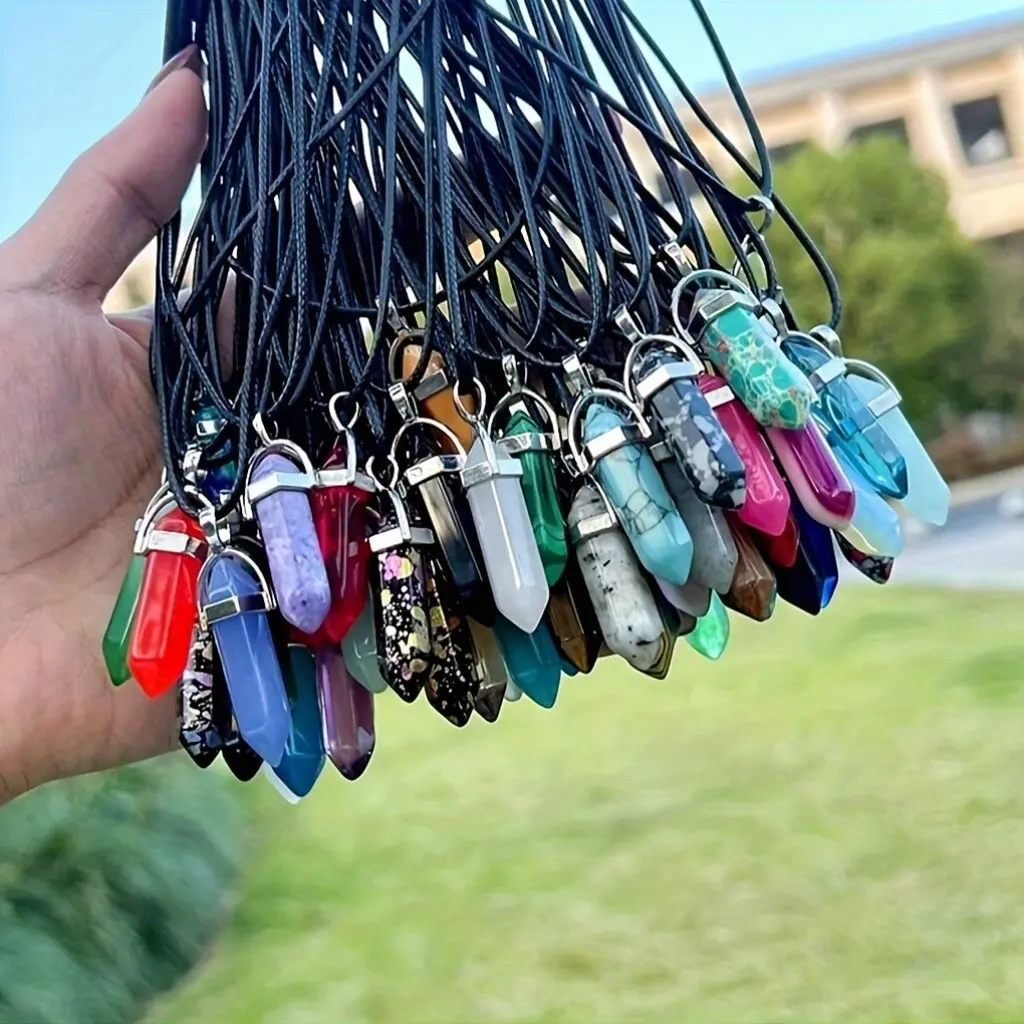 60pcs/30sets Mixed Color Hexagonal Crystal Natural Stone Pendants, Leather Necklace, Jewelry Making, Daily Wear, Gift