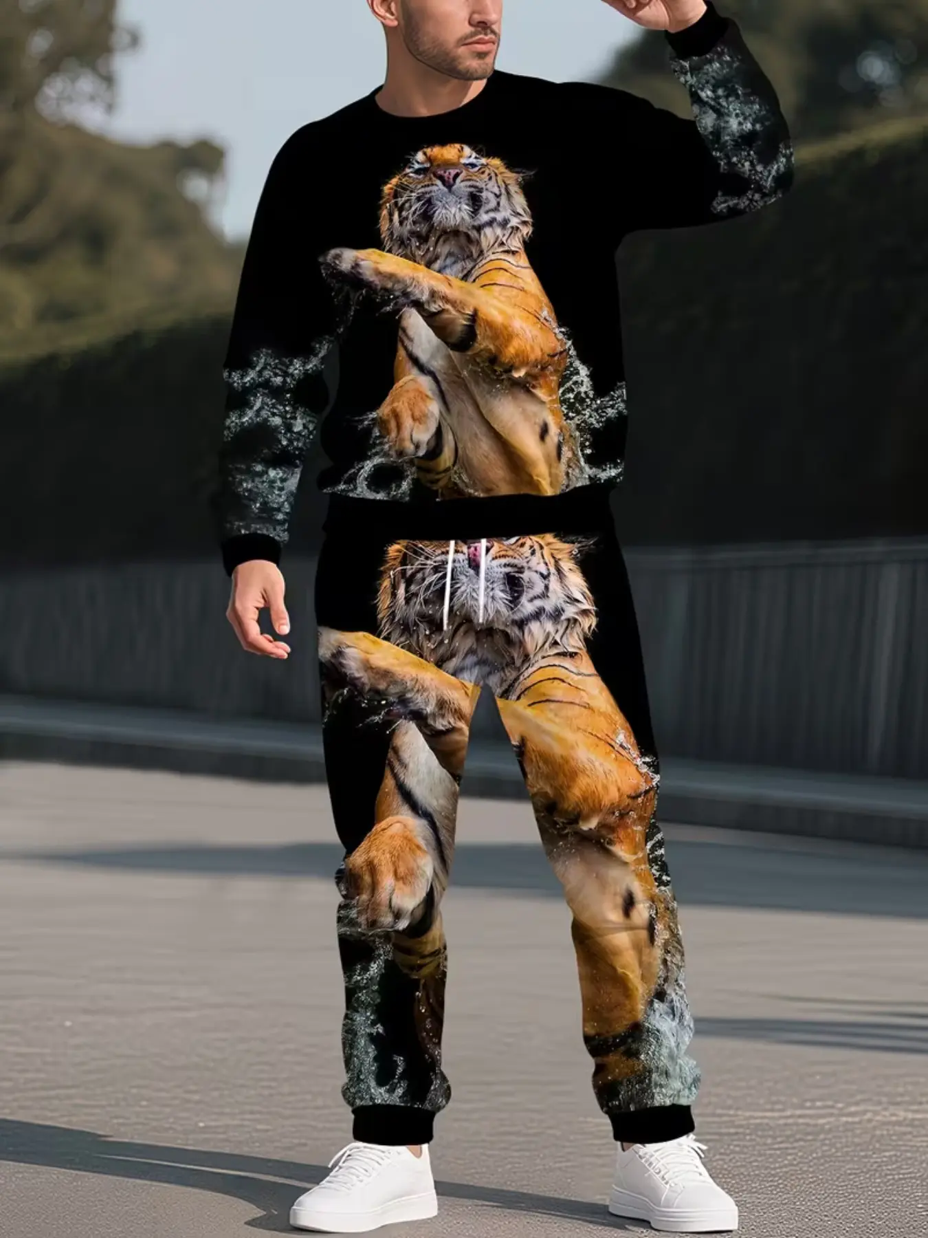Men's Casual Sporty Two-Piece Set, Tiger Print Sweatshirt and Long Pants, 3D All-Over Print, Long Sleeve, Ankle Length, Fitted