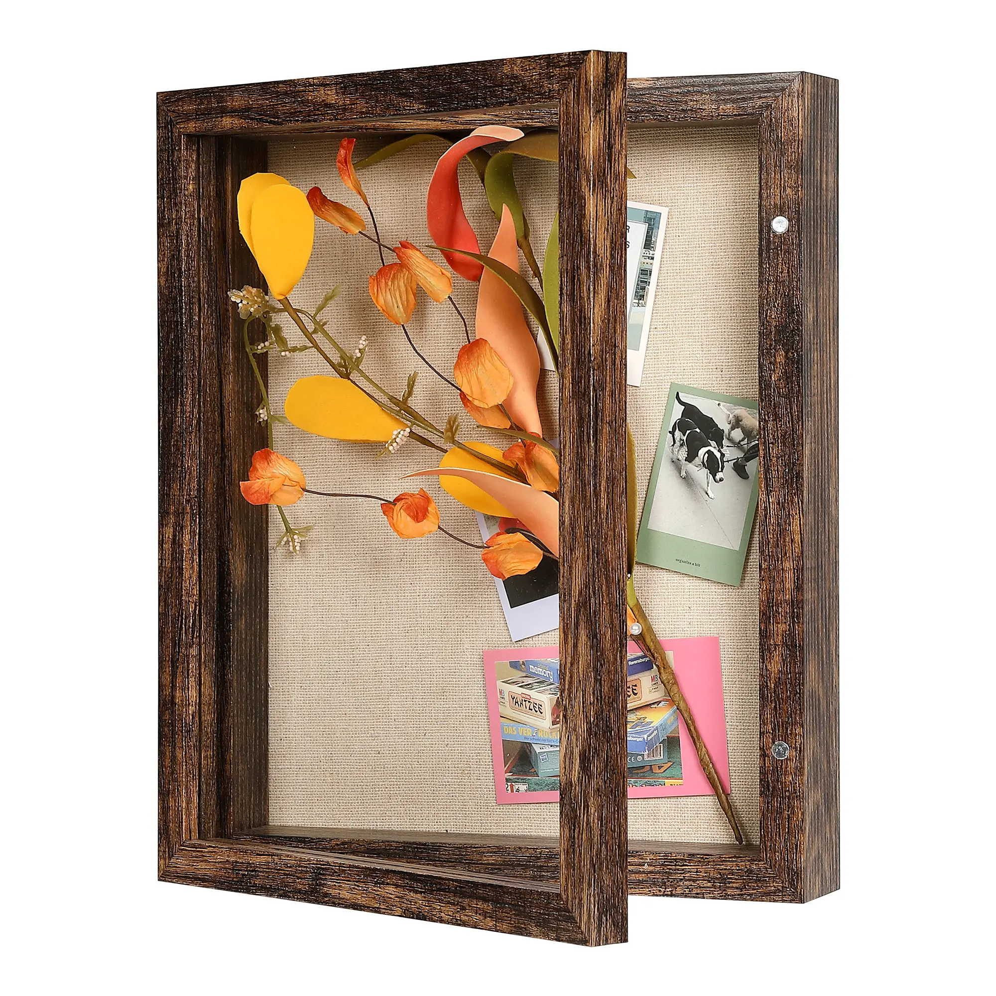 8x10 Shadow Box Frame with Real Glass & Linen Back, Front-Opening Magnetic Door, Rustic Memory Display Case with Push Pins, Brown