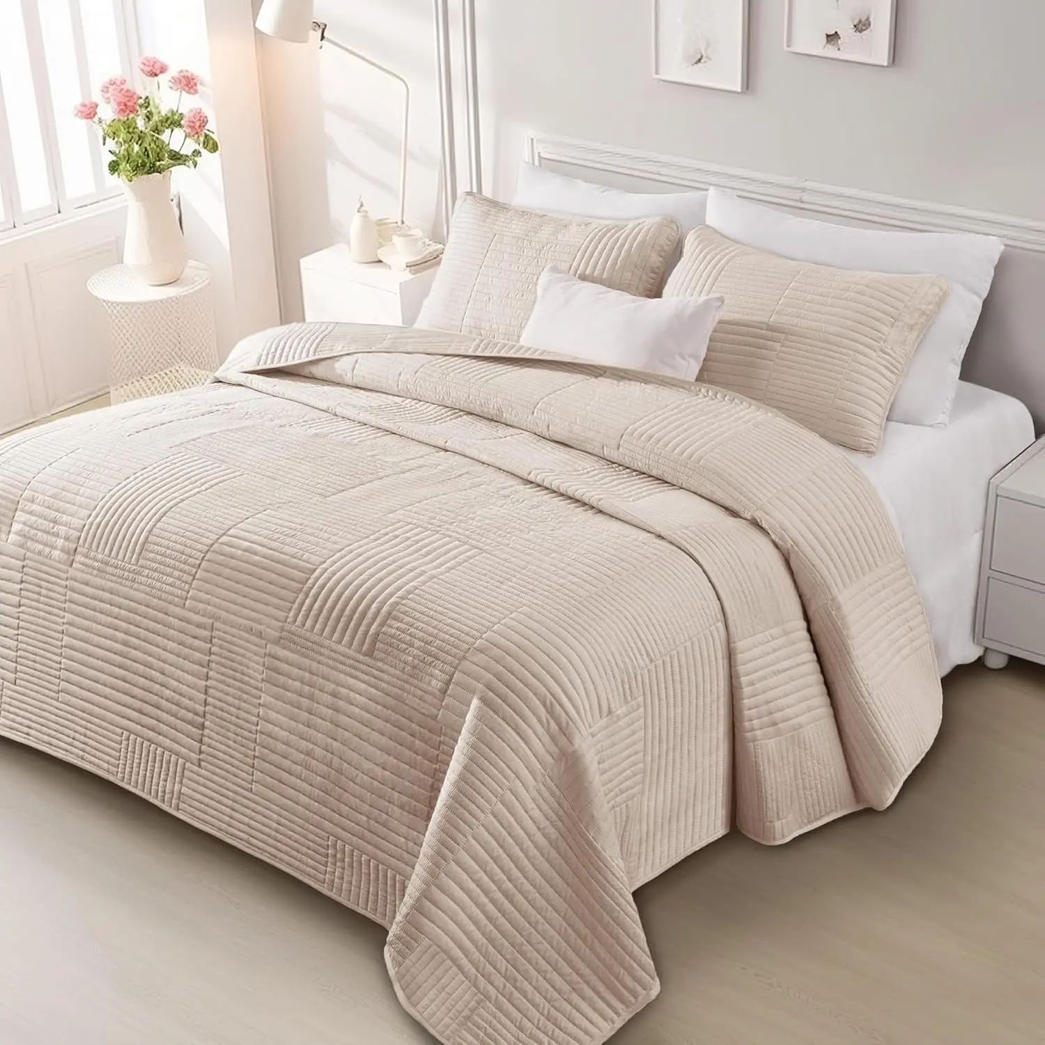 3-Piece Ultrasonic Stitch Geometric Plaid Bedspread Set - Soft, Lightweight Microfiber Brich Beige Coverlet with Quilted Look, Multiple Uses for Full/Queen Size Beds, 3 Pieces