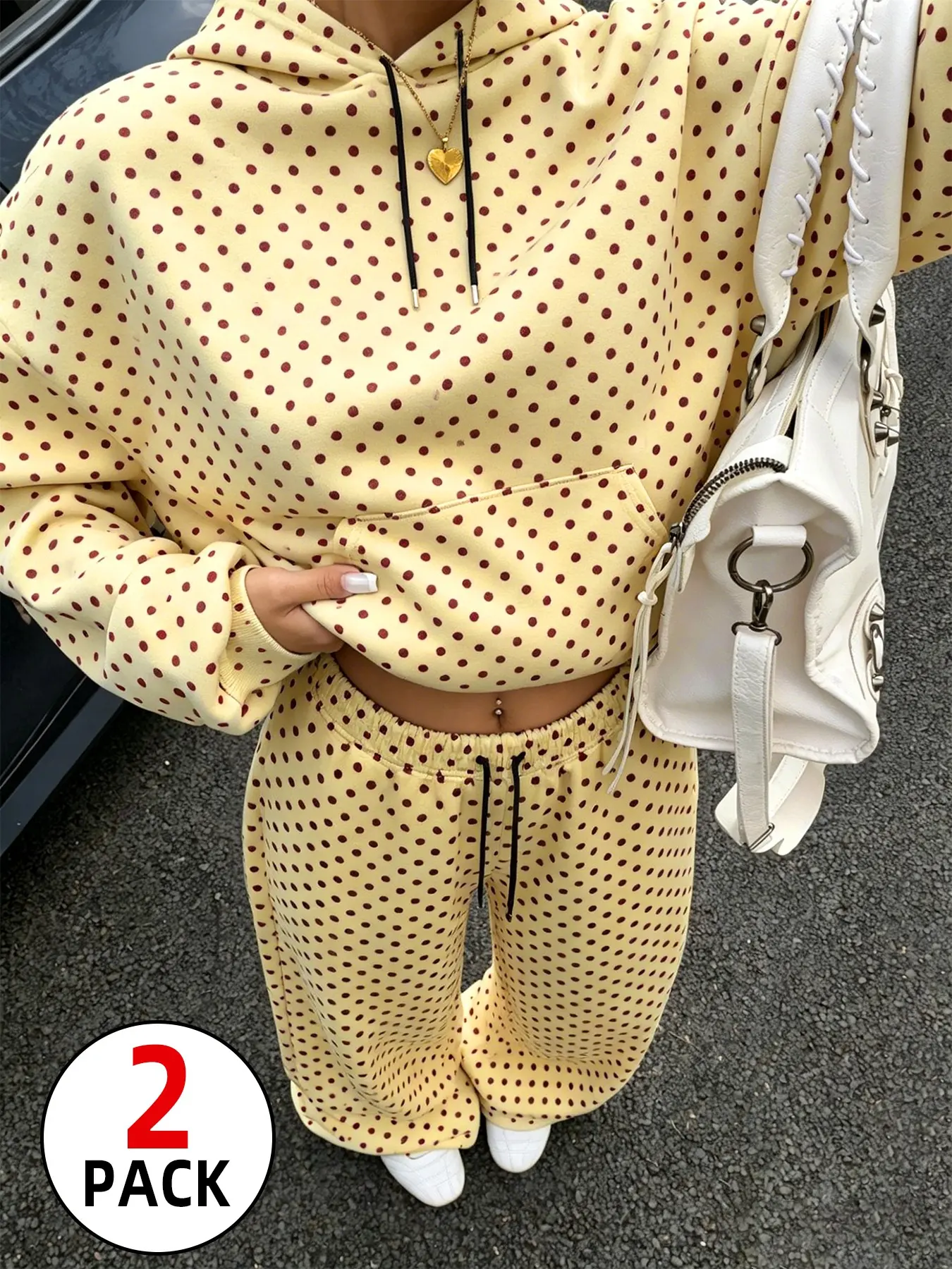 2026 TikTok Viral 2 Piece Polka Dot Tracksuit Unisex Oversized Cropped Hoodie Wide Leg Sweatpants Set with Kangaroo Pocket Drawstring Hood & Elastic Waistband, Soft Fleece Stretch Loose Casual Y2K Vintage Old Money Aesthetic Loungewear Outfit Clothes