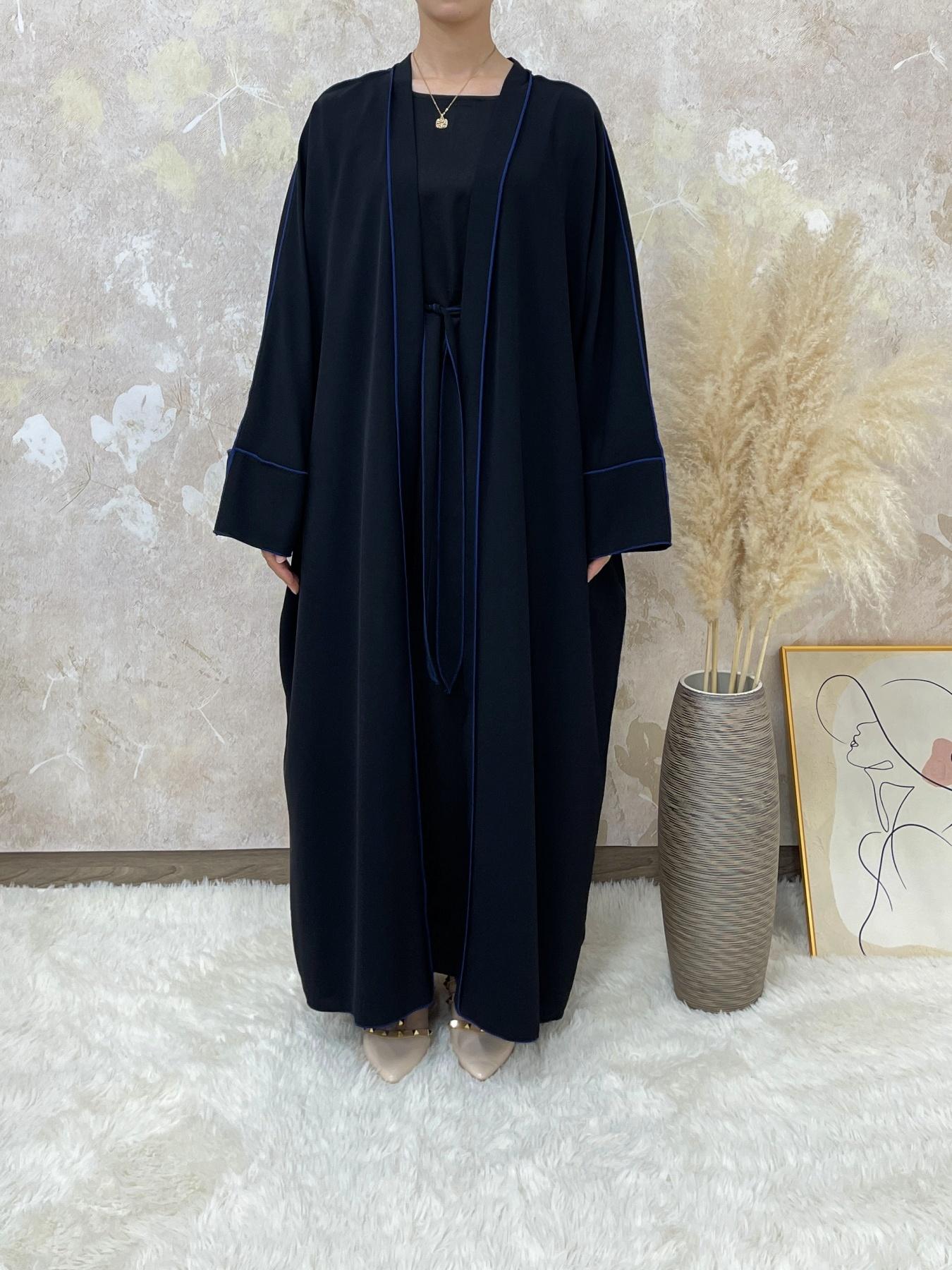 Arabic Clothing-Solid Contrast Binding Belted Abaya With Hijab Without Inner Dress, Modest Batwing Sleeve Open Front Abaya, Summer Outfits 2024, Women's Islamic Clothing for Spring & Fall, Dressy Abayas