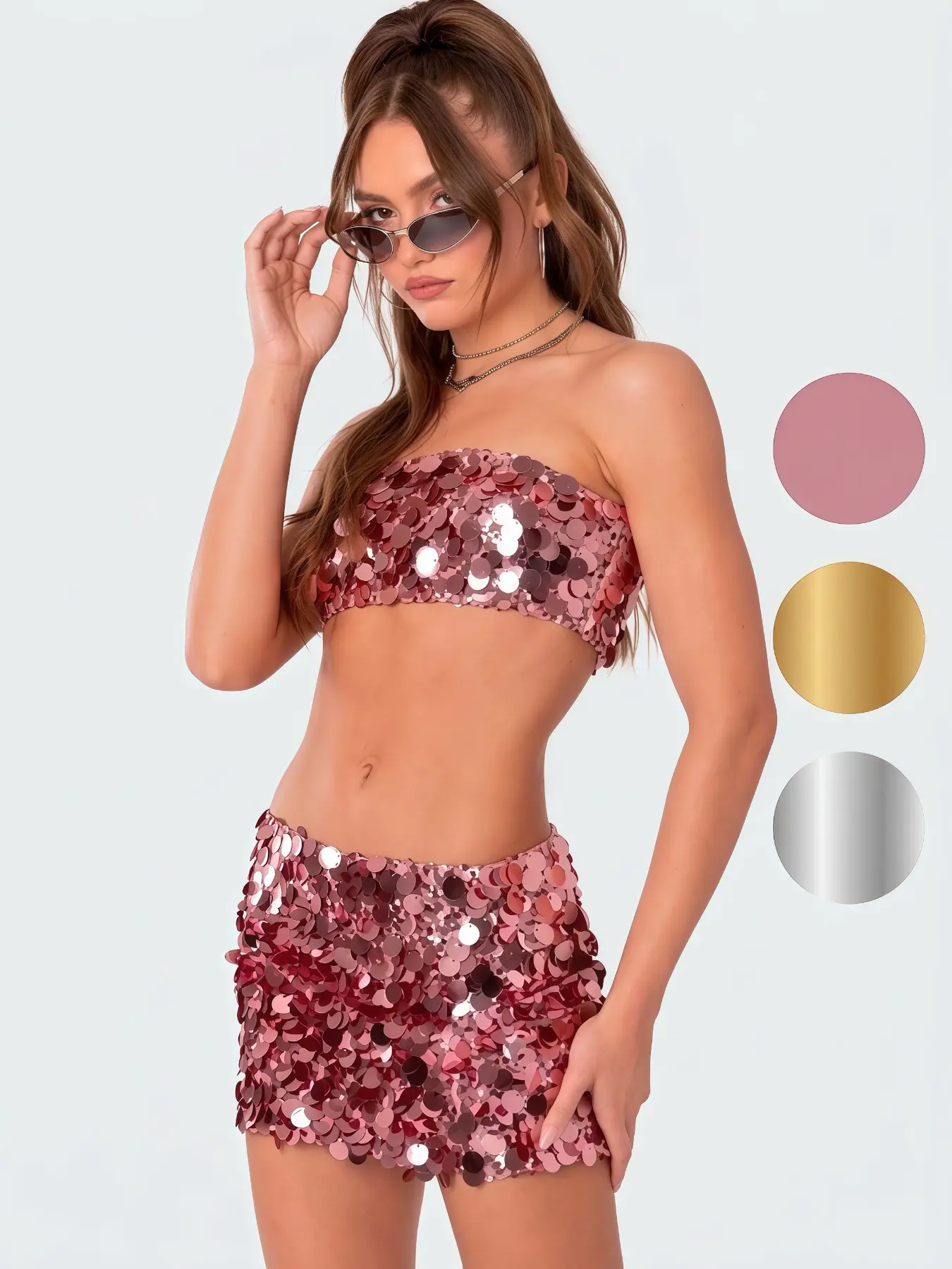 Sparkly Oversized Sequin 2 Piece Skirt Set – Strapless Tube Top & Bodycon Mini Skirt for Party, Night Out, Club & Festival Outfit
