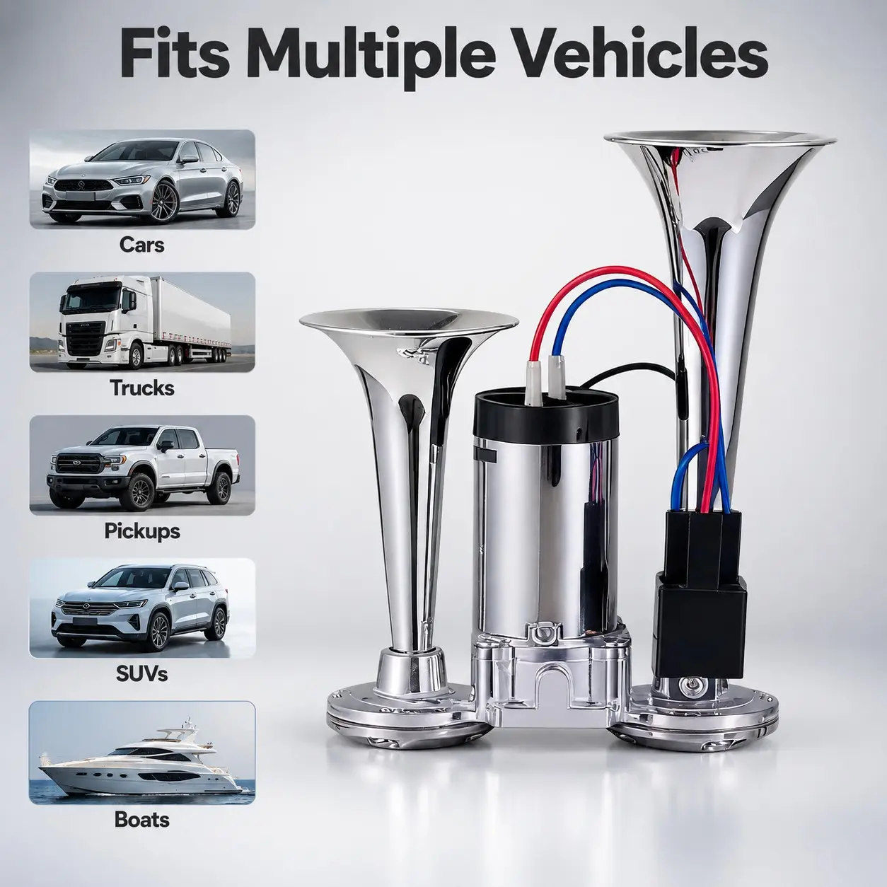 2026 High-Pitched 12V Universal Car Horn, Metal Dual Tube with Relay Air Pump, Suitable for Cars, Trucks, Motorcycles, Boats, 12V Vehicles