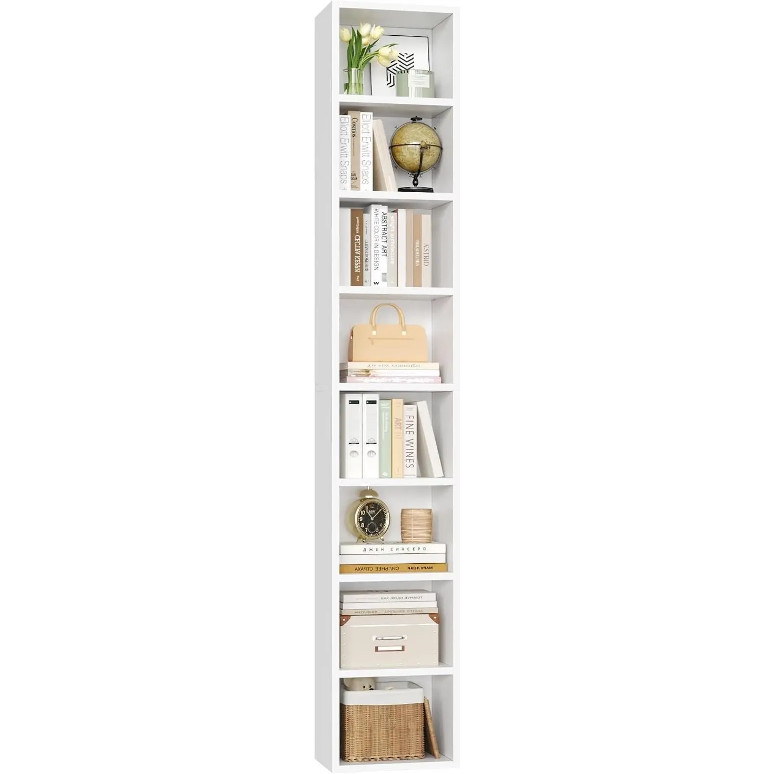 Bookshelf Bookcase 8-Tier Narrow Bookshelf Tall CD Media Tower Rack | 11.6 X 9.3 X 70.9 White Bookshelf, Tall Narrow Slim Skinny Display Bookcase with Cube Storage and 4 Adjustable Shelves