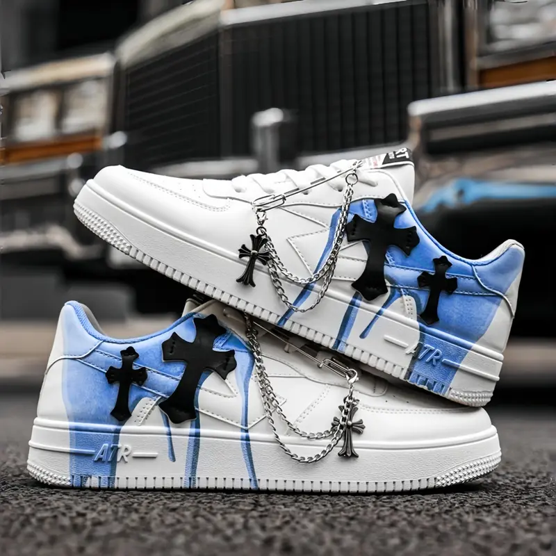 1 Pair Couple Dark Vintage Gradient White Casual Sneakers, Detachable Safety Pin Metal Cross Chain Decor Wear Resistant Platform Skate Shoes For Commute