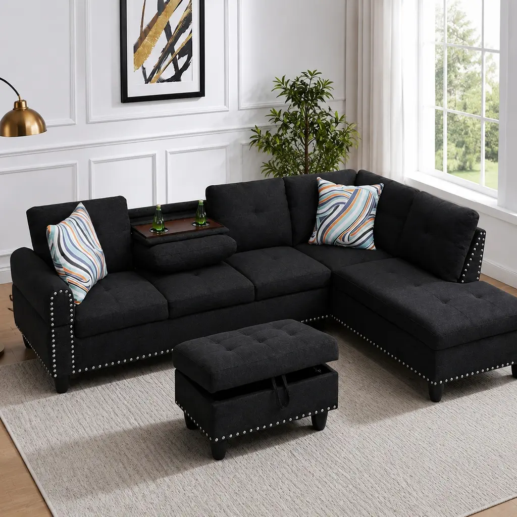 ARCH Furniture Traditional 6-Seat L-Shape Sectional Sofa Set - Built-in Cup Holders, Ottoman Storage, Pull-Down Middle Seat, Tufted Nailhead Trim, Foam Cushions, Wood Frame, 8-Way Hand-Tied Springs - Ideal for Game Nights, Movie Marathons, Black