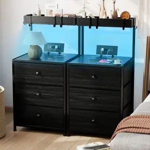 LED Nightstand Set Of 2 With Charging Station Bedside Tables With 3 Fabric Drawers And Open Storage Shelf Tall End Side Tables, Black