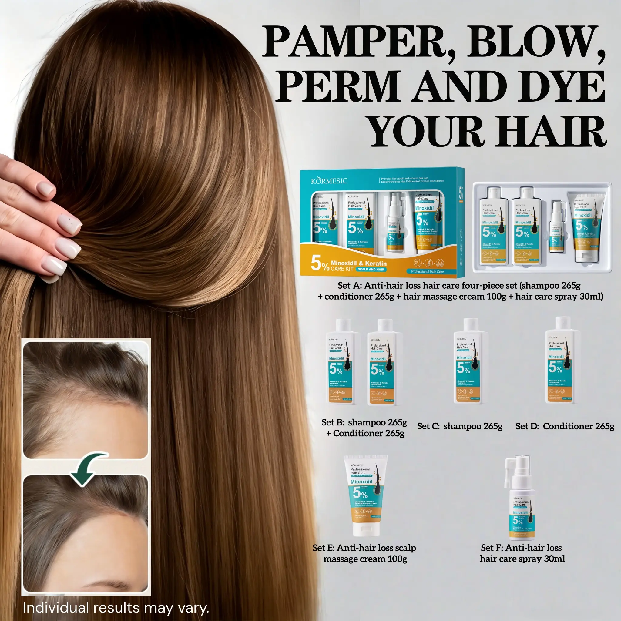 KORMESIC 5% Minoxidil Hair Growth Set, Hair Growth Product, Hair Regrowth Kit, Hair Serum / Shampoo / Conditioner / Scalp Massage Balm, Activate Hair Follicles, Anti-Hair Loss, Repair Damaged Hair, Improve Hairline, Hair Care Solution