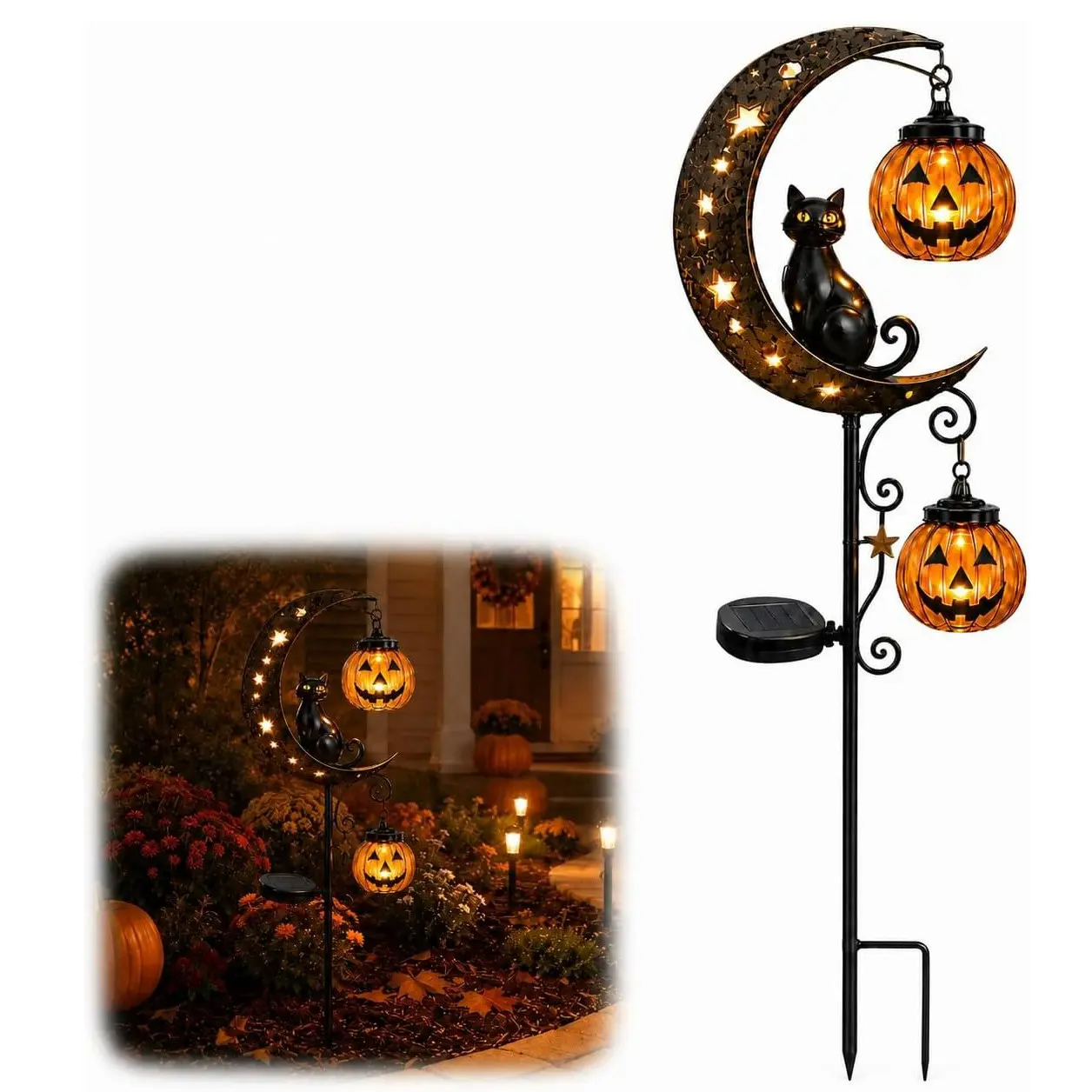 Solar Halloween Pumpkin Cat Moon Garden Stake Light, Solar Garden Decor for Walkways Courtyards Lawns, Hanging Jack-O-Lantern Fall Party Outdoor Decoration