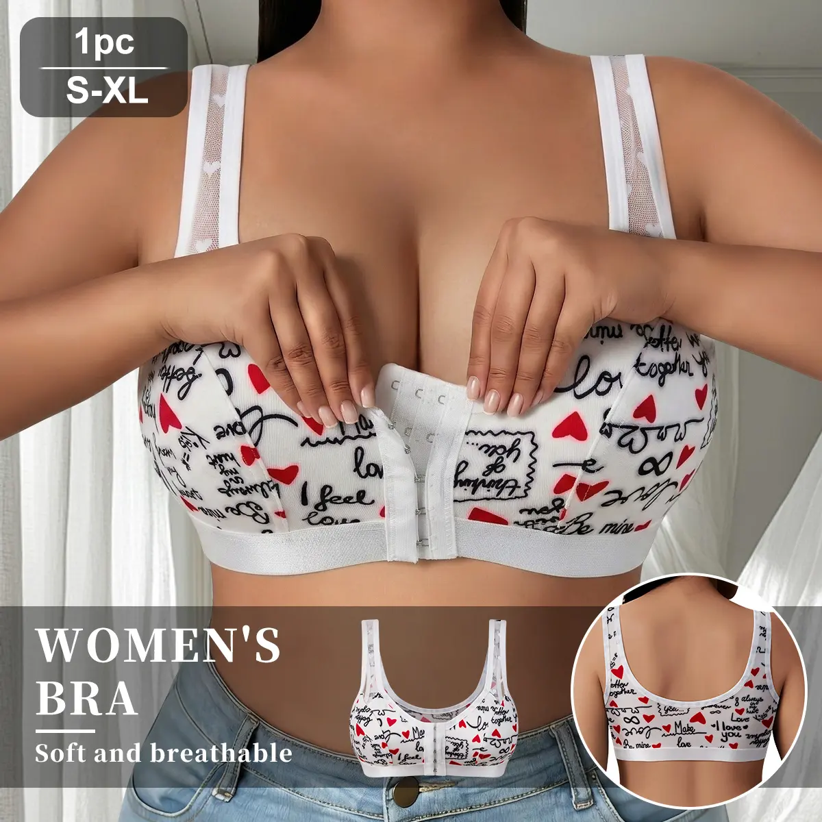 QUASTI Women's Front Closure Adjustable Push Up Bra - Cute Cartoon Print Contrast Lace, Smooth Fit, Breathable Seamless Wireless Straps, All-Season Bust Support Comfy Stretch Underwear (S-XXL, Everyday Bras for Women), Underwear For Women