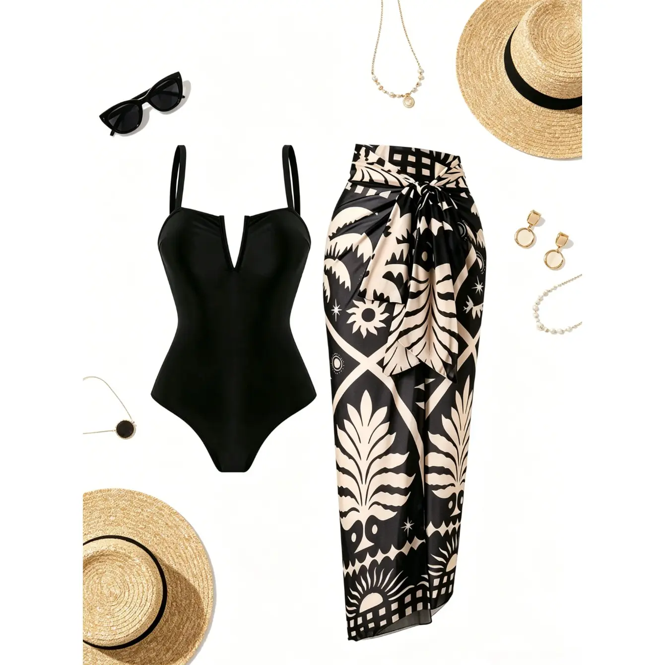 Women's 2-Piece Beach Swimsuit Coverup Set - V-Notch Spaghetti Strap Black Monokini, Tropical Floral Wrap Sarong Skirt, Tummy Control Cover Up Beachwear for Beach, Cruise | Tropical Clothing