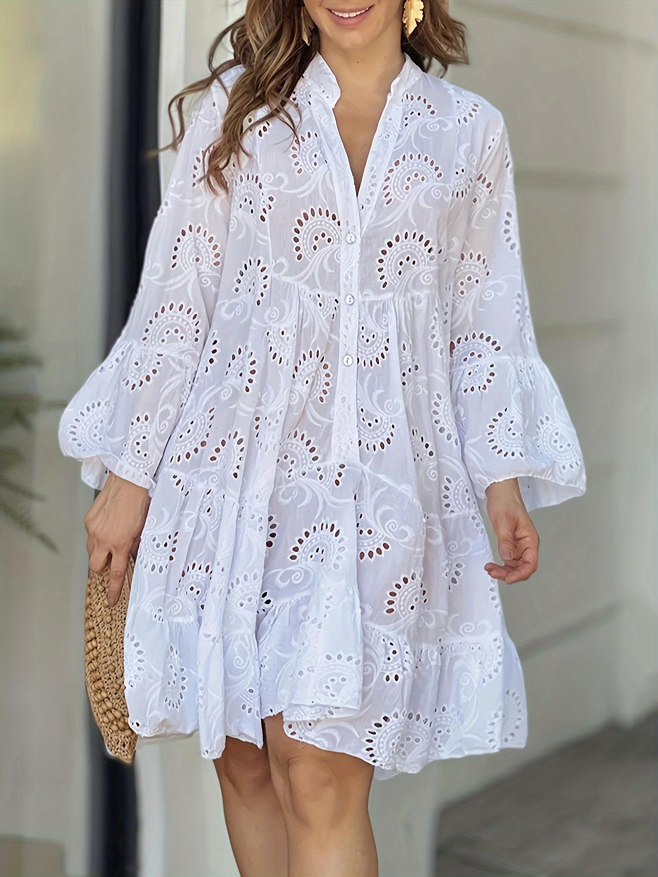 Women's Plain Eyelet Embroidery Notched Neck Long Sleeve Smock Dress, Elegant Flounce Sleeve Button Dress for Vacation Holiday, Women's Clothes for All Seasons, Casual Wear