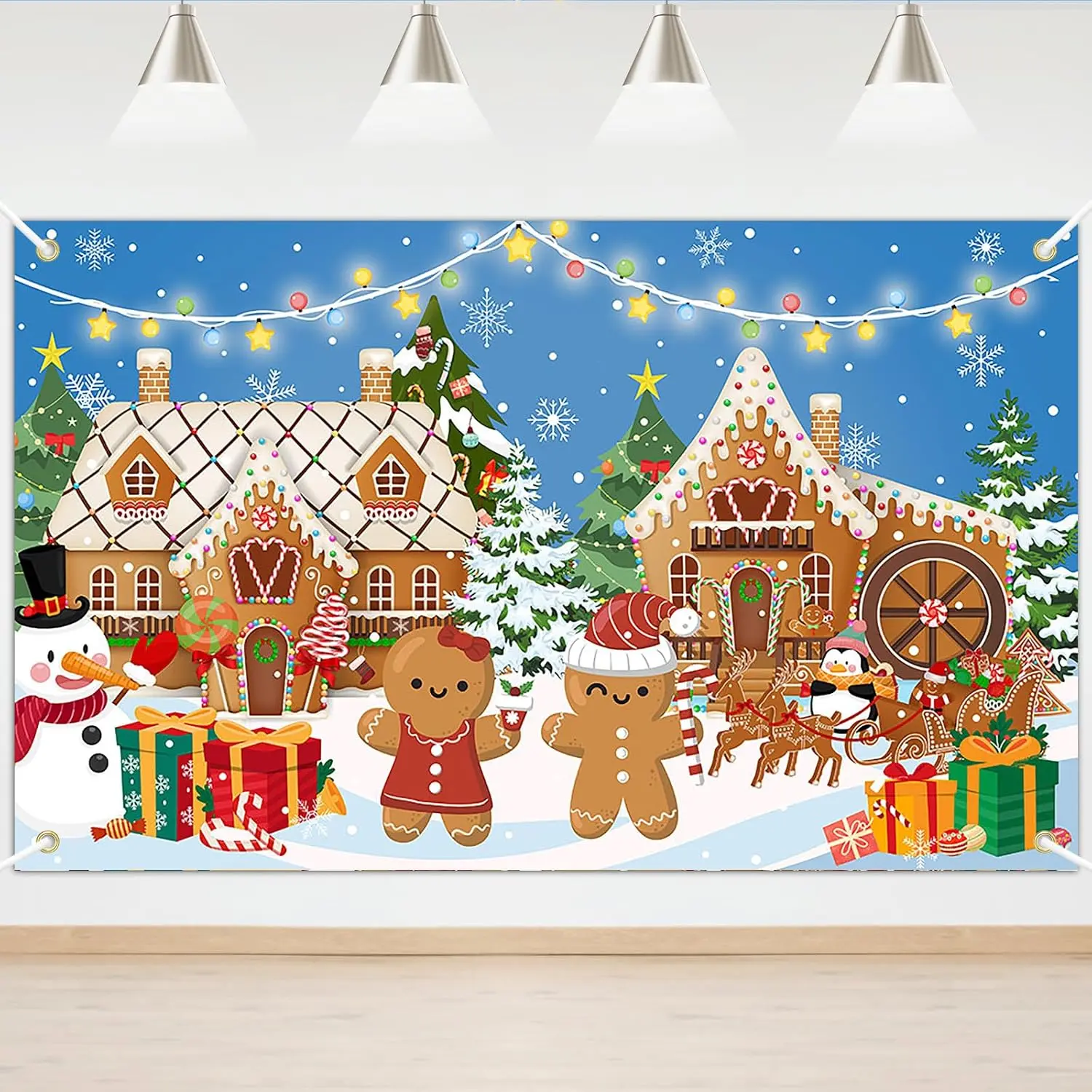Christmas Gingerbread Banner Winter Snowman Gingerbread House Backdrop Merry Christmas Candyland Background for Holiday Xmas Party Decorations 6x3.6ft