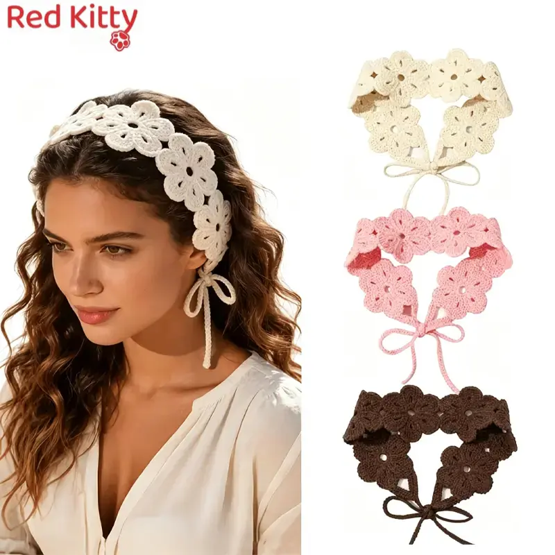 3-Pack Headbands for Women, Boho Floral Crochet, Soft Knitted Polyester Fabric with an Adjustable Tie for Summer Beach Wear