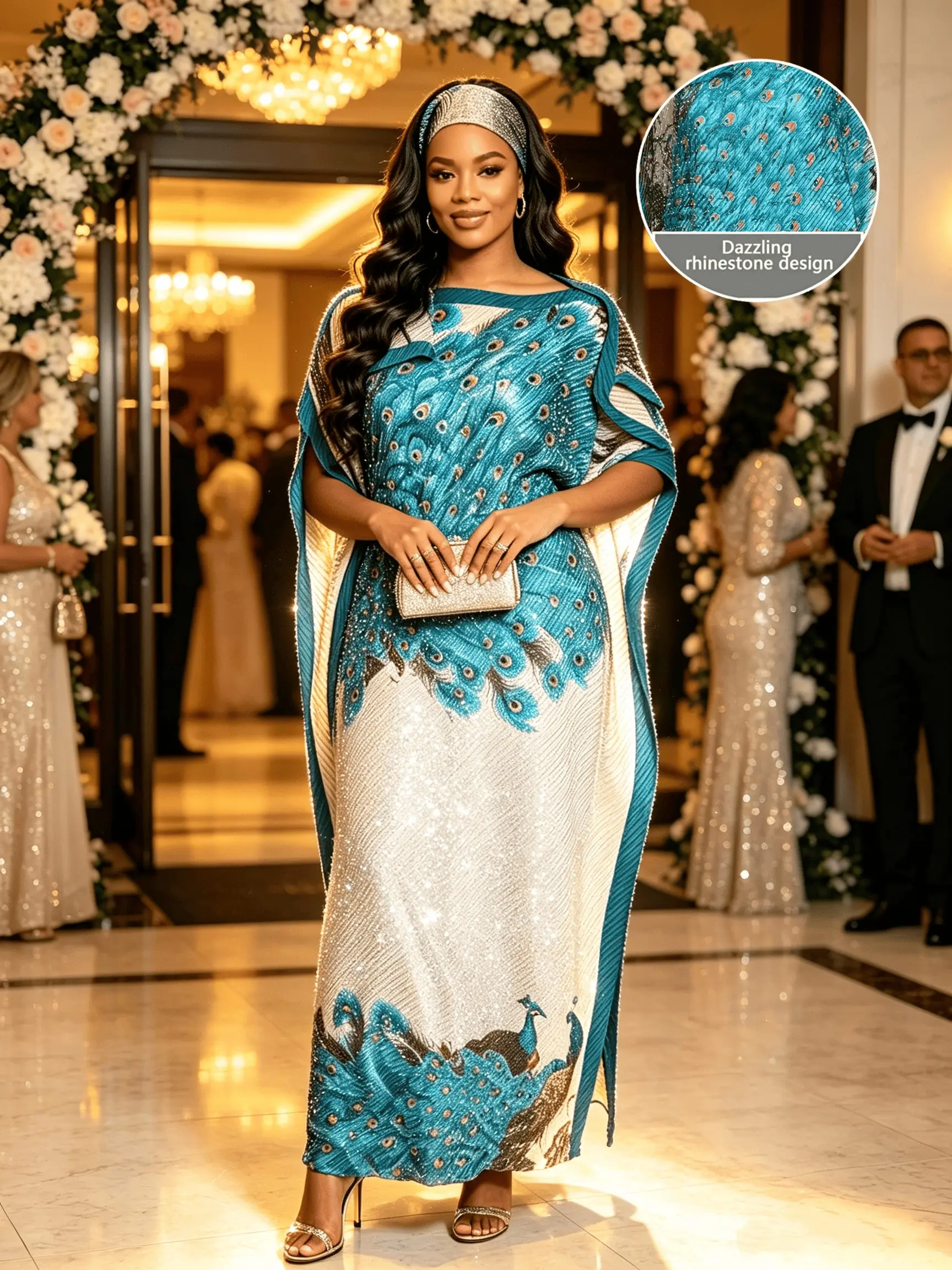 Teal White Peacock Feather Hot Drill Rhinestone Trim Kaftan Two Piece Set With Matching Head Scarf, Kaftan Style, Oversized Split Hem Maxi Caftan Robe, Soft Breathable Beach Cover Up Women Resort Vacation Loungewear Nightgown, Fits Plus Size Curvy Figures